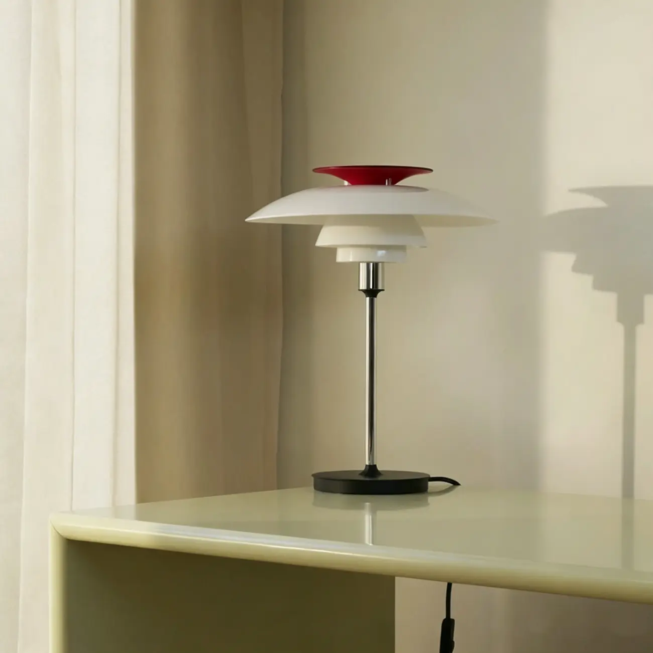 Minimalist White 3-tier Layered Accent Table Lamp With Red-orange Top Image - 6 | homeyfad