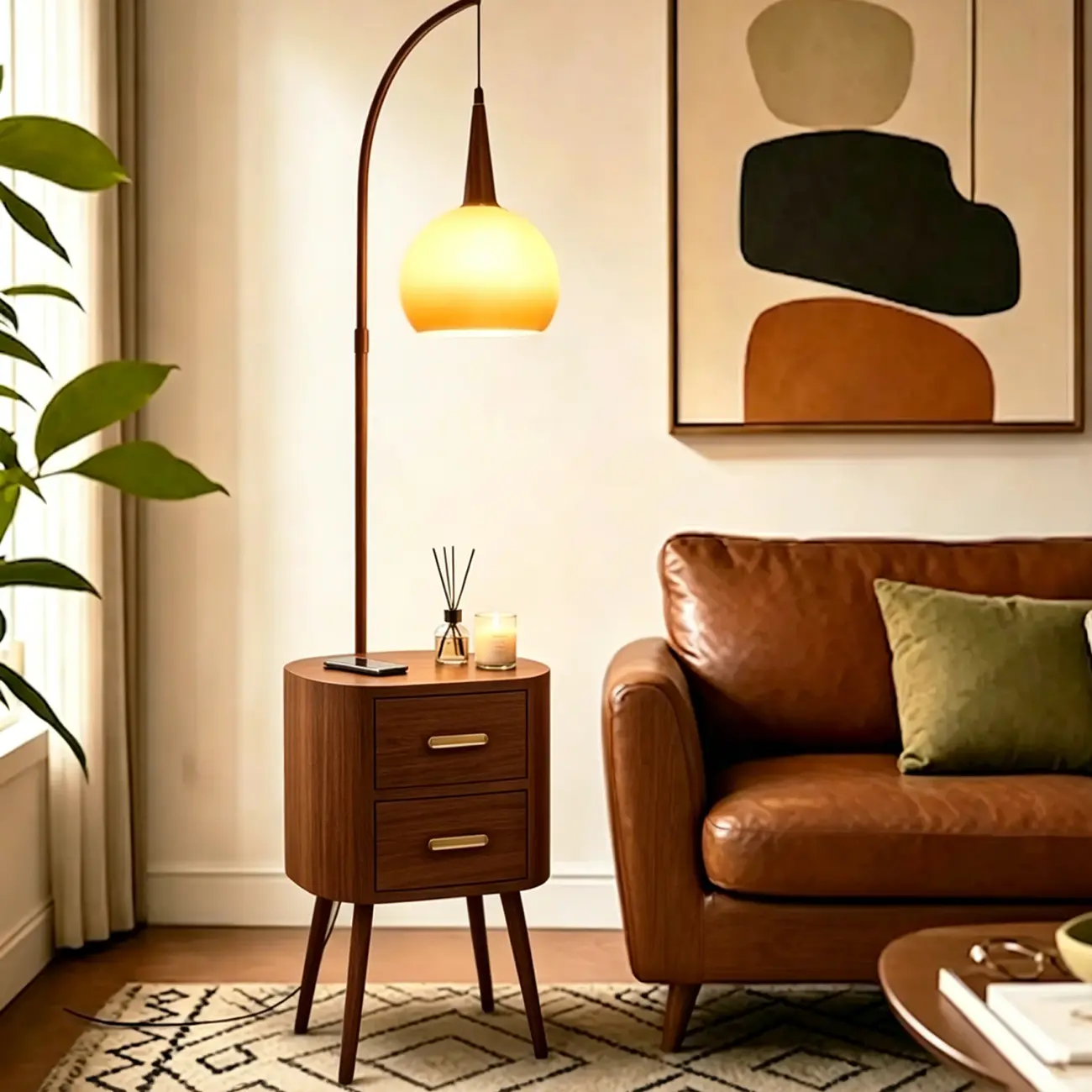 2-in-1 Mid-century Modern End Table Floor Lamp With 2 Drawers Image - 2