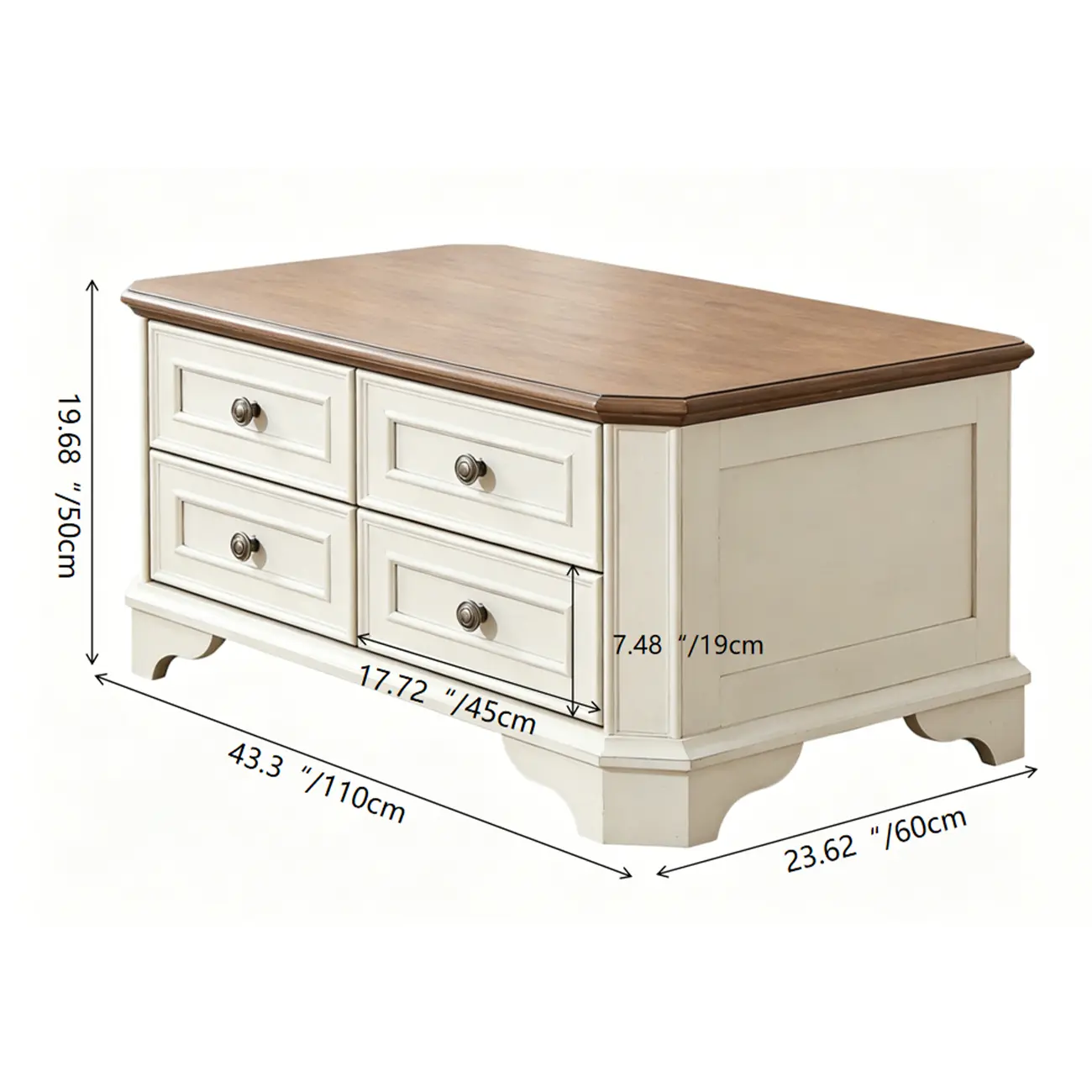 43" Traditional Farmhouse Wood Coffee Table with 4 Drawers #size | homeyfad