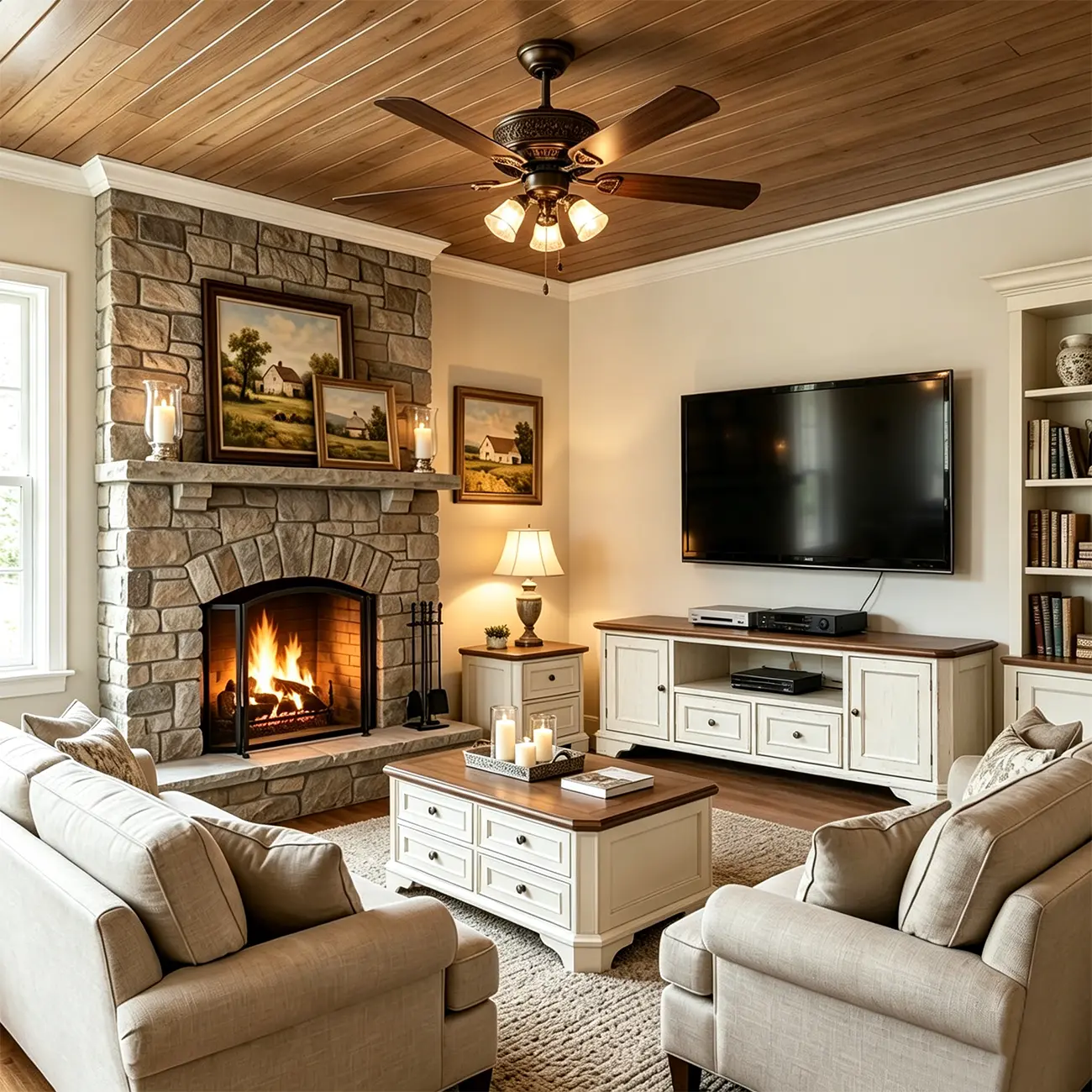 Traditional Farmhouse White TV Stand with Walnut Top Image - 3 | homeyfad