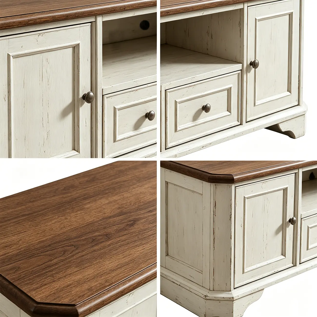 Traditional Farmhouse White TV Stand with Walnut Top Image - 6 | homeyfad