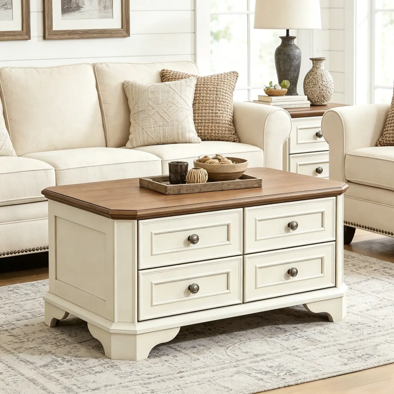 43" Traditional Farmhouse Wood Coffee Table with 4 Drawers Image - 1 | homeyfad