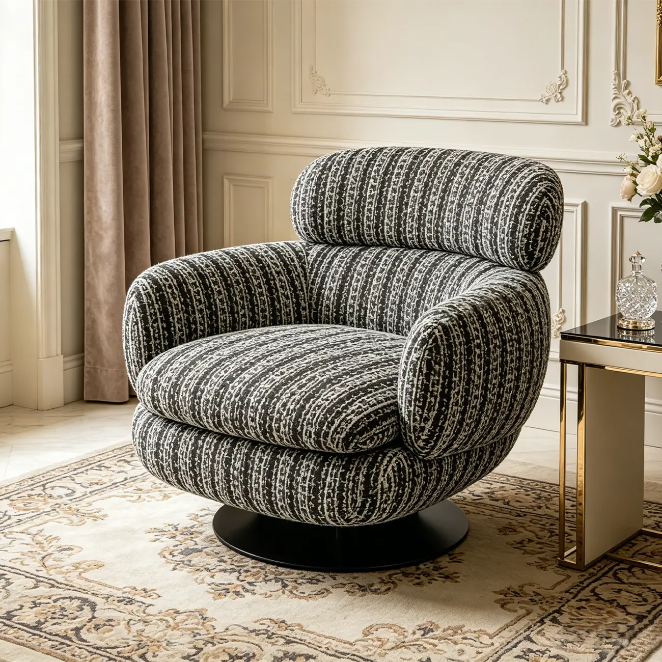 Modern Textured Upholstered 360° Swivel Accent Chair with Curved Back Image - 2 | homeyfad