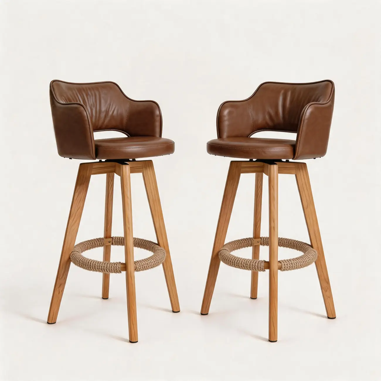 Set Of 2 Modern Swivel Faux Leather Counter Stools Solid Wood Frame Image - 7 | homeyfad