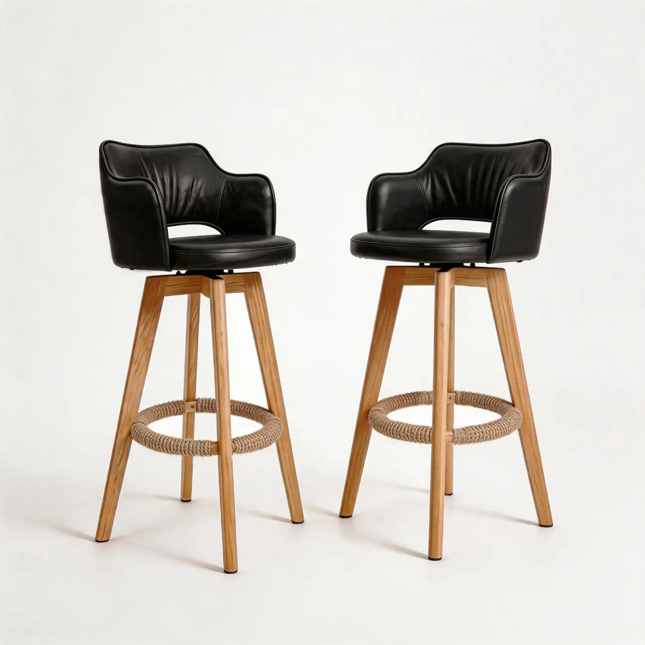 Set Of 2 Modern Swivel Faux Leather Counter Stools Solid Wood Frame Image - 8 | homeyfad