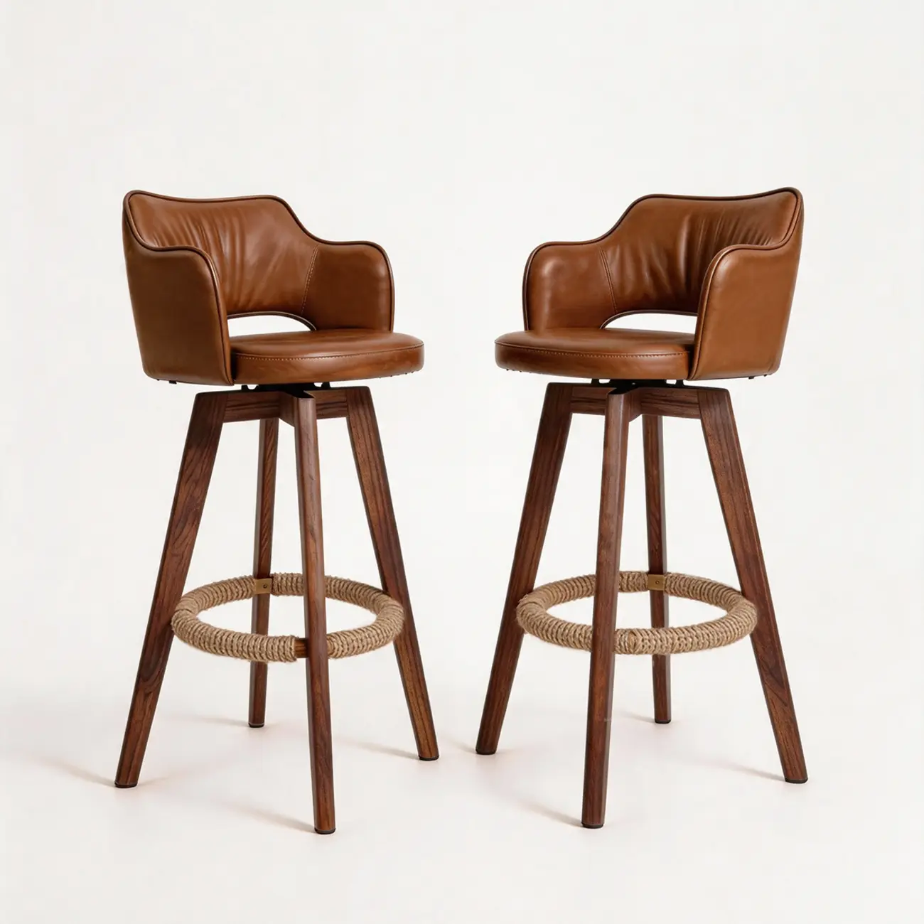 Set Of 2 Modern Swivel Faux Leather Counter Stools Solid Wood Frame Image - 12 | homeyfad