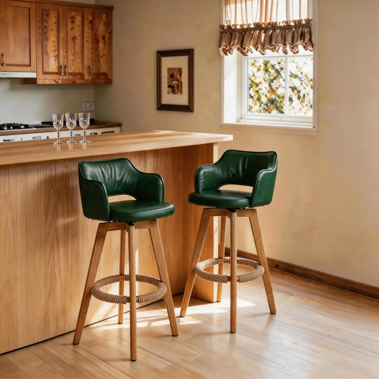 Set Of 2 Modern Swivel Faux Leather Counter Stools Solid Wood Frame Image - 2 | homeyfad