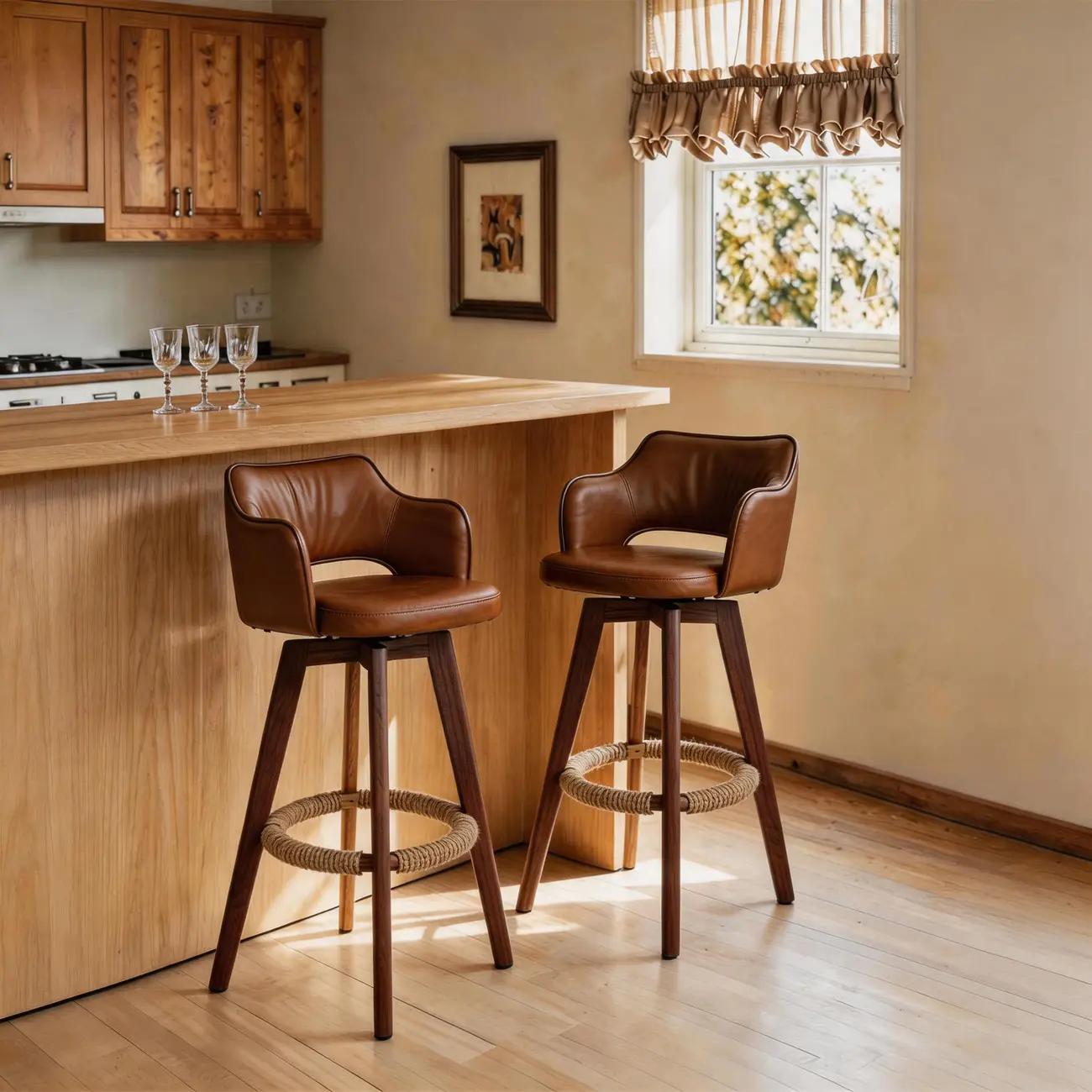 Set Of 2 Modern Swivel Faux Leather Counter Stools Solid Wood Frame Image - 1 | homeyfad