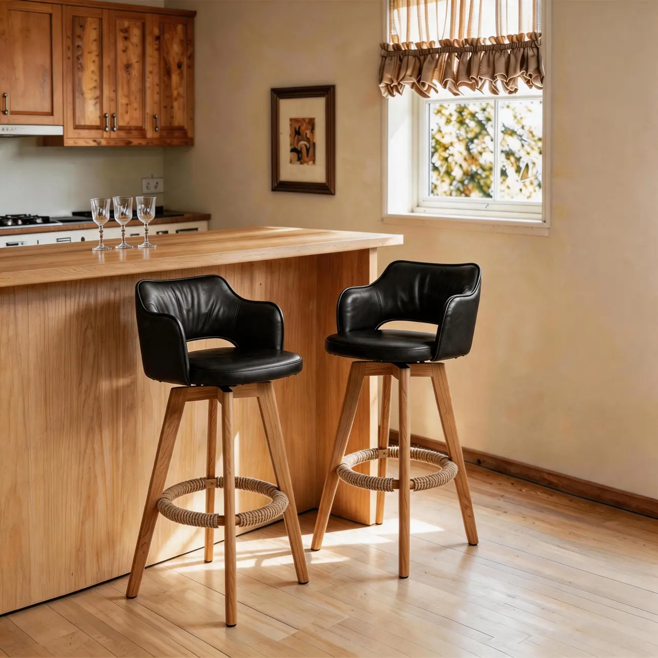 Set Of 2 Modern Swivel Faux Leather Counter Stools Solid Wood Frame Image - 3 | homeyfad