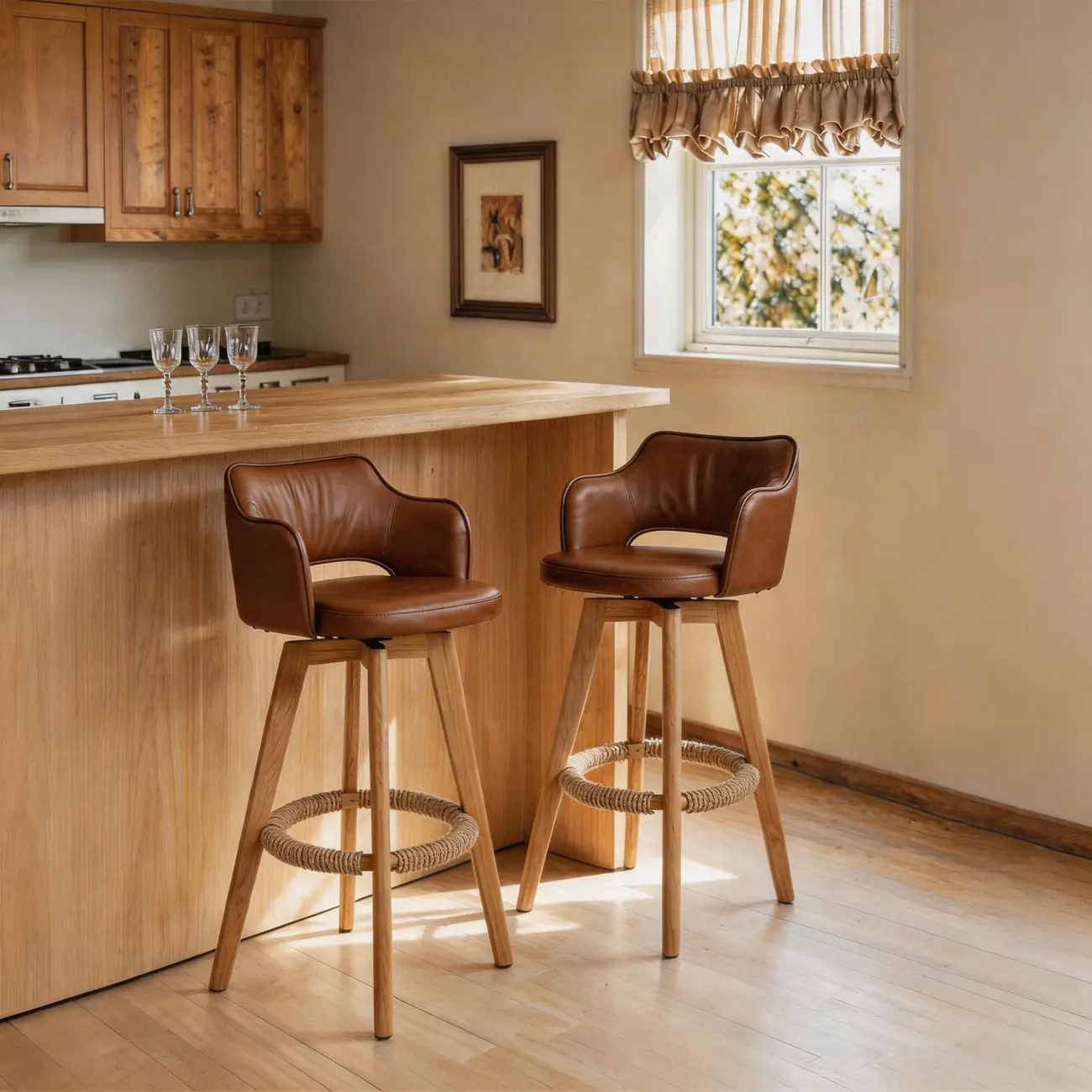 Set Of 2 Modern Swivel Faux Leather Counter Stools Solid Wood Frame Image - 5 | homeyfad