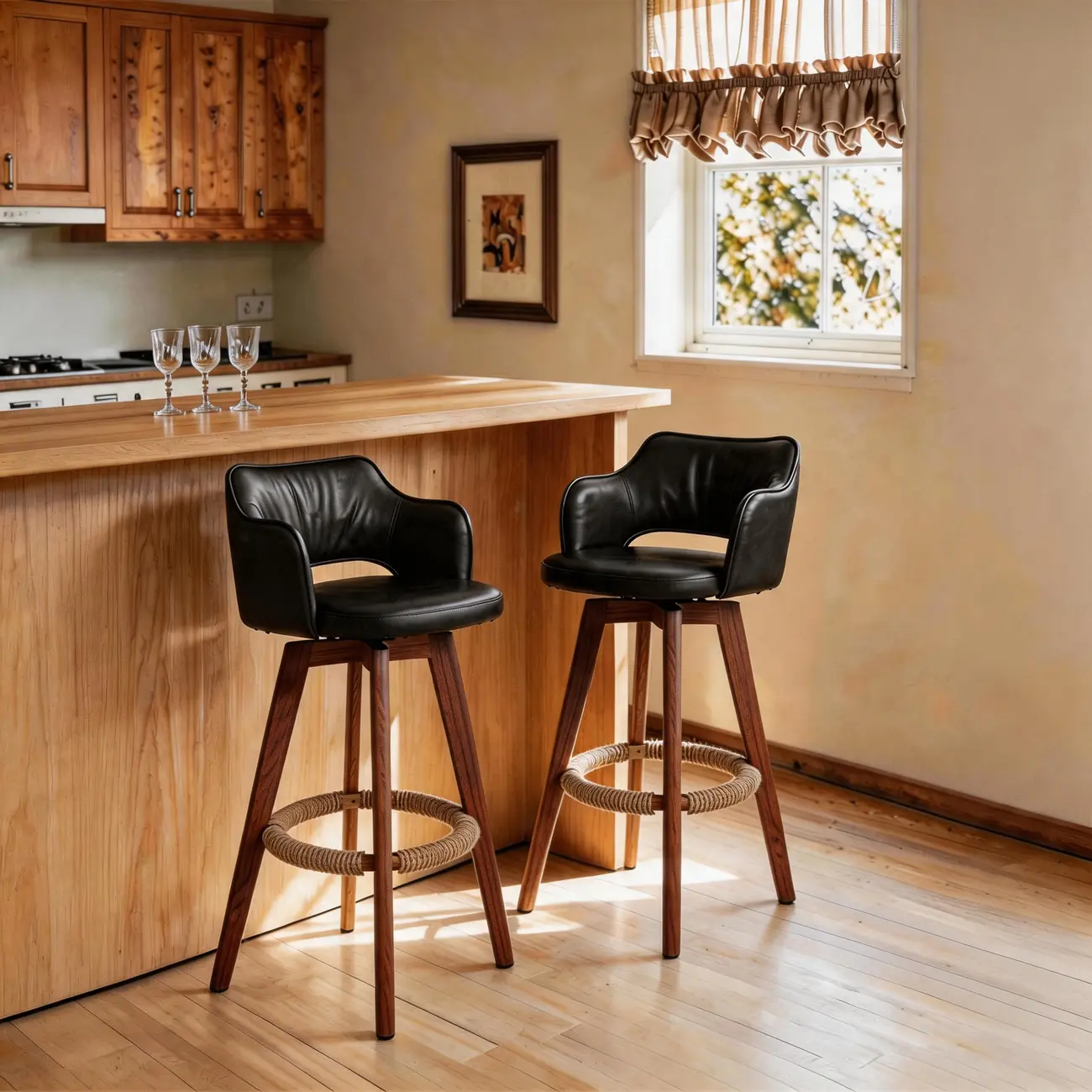 Set Of 2 Modern Swivel Faux Leather Counter Stools Solid Wood Frame Image - 6 | homeyfad