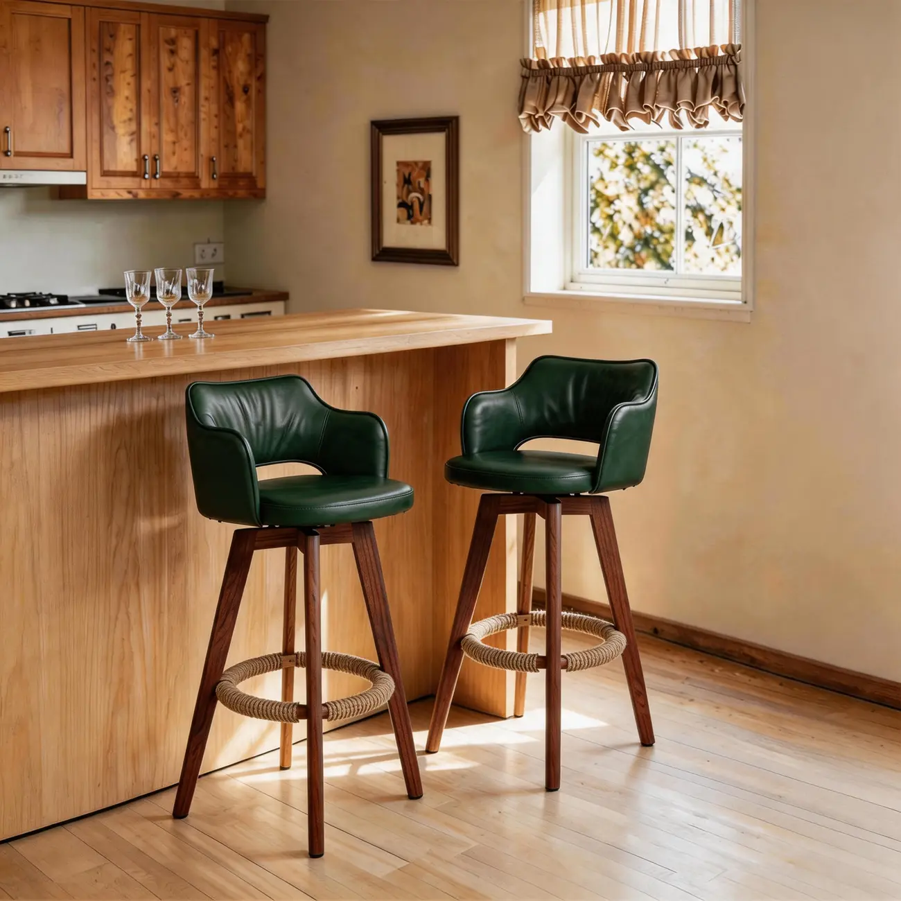 Set Of 2 Modern Swivel Faux Leather Counter Stools Solid Wood Frame Image - 4 | homeyfad