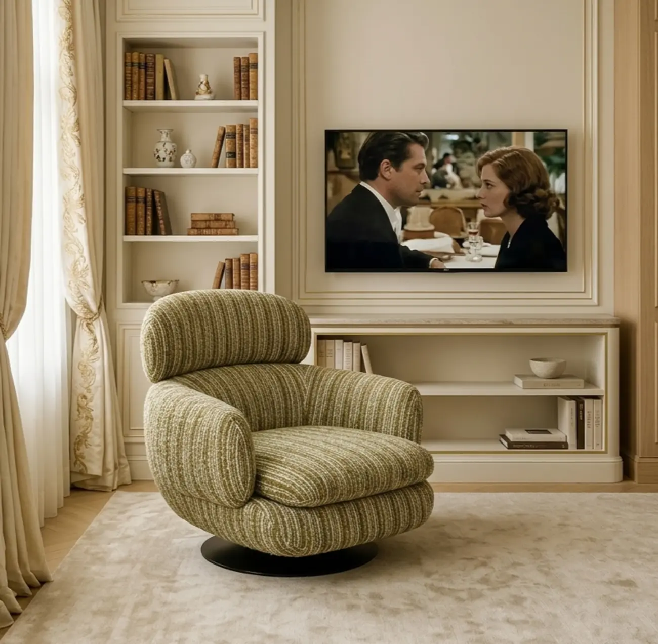 Modern Textured Upholstered 360° Swivel Accent Chair with Curved Back Image - 3 | homeyfad