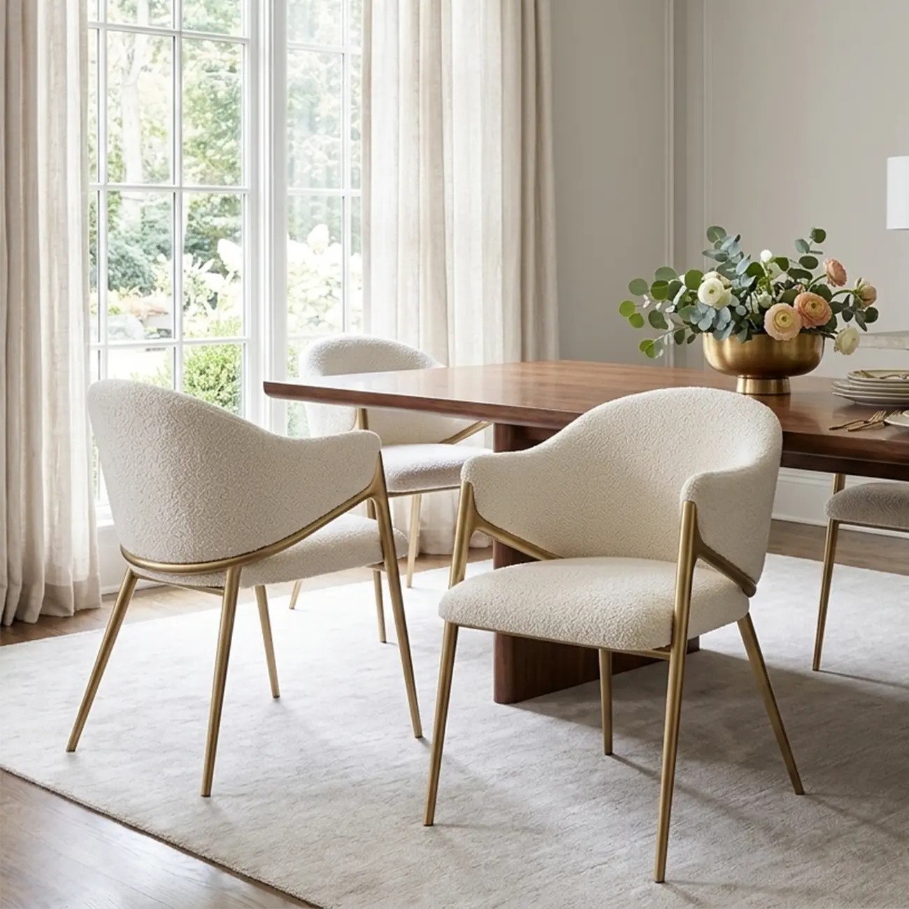 Contemporary Boucle Upholstered Dining Chair With Gold Finish Image - 2 | homeyfad