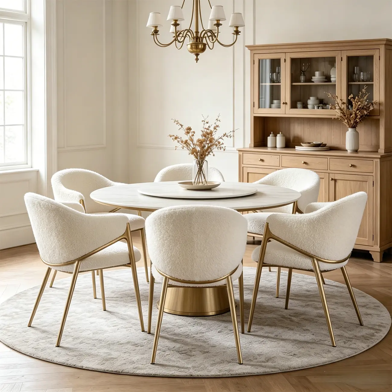 Contemporary Boucle Upholstered Dining Chair With Gold Finish Image - 1 | homeyfad