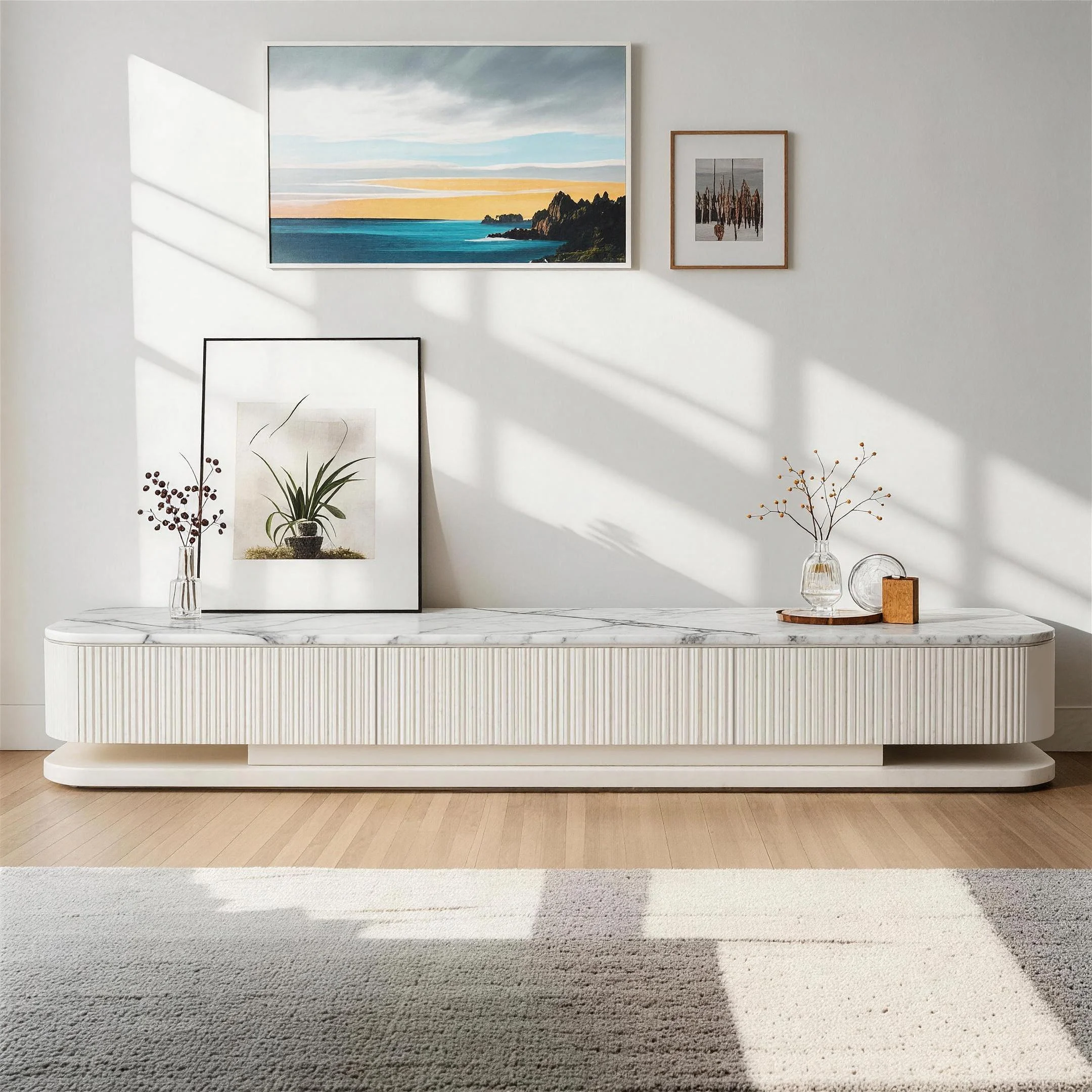 79" White Modern Wood Long Fluted TV Stand with Drawers Image - 1 | homeyfad