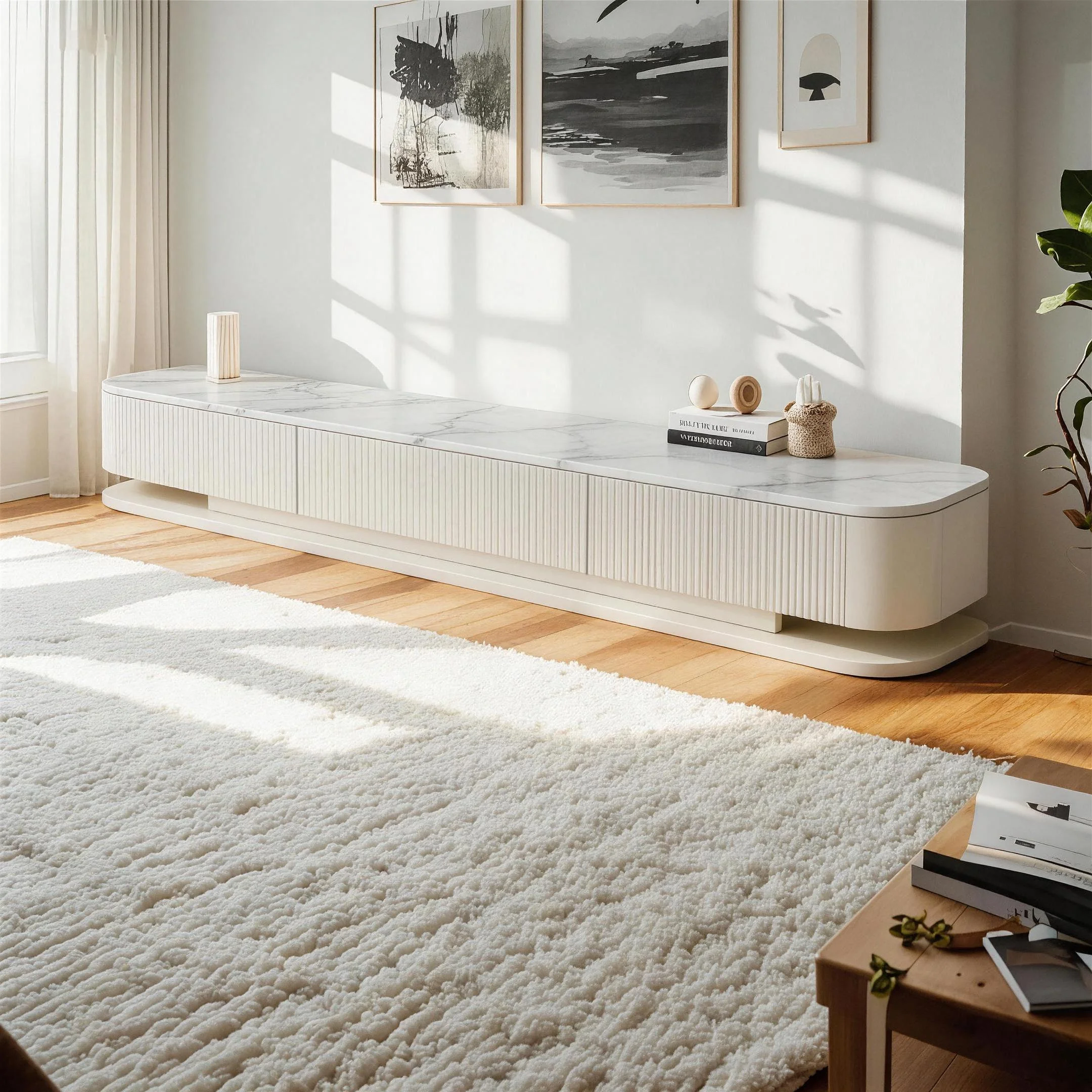 79" White Modern Wood Long Fluted TV Stand with Drawers Image - 2 | homeyfad