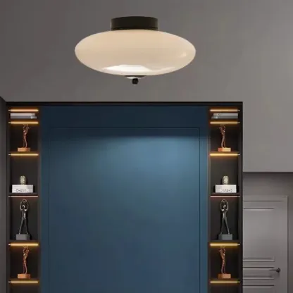 White Drum Glass Semi Flush Ceiling Light 3-Gear Dimming Image - 2