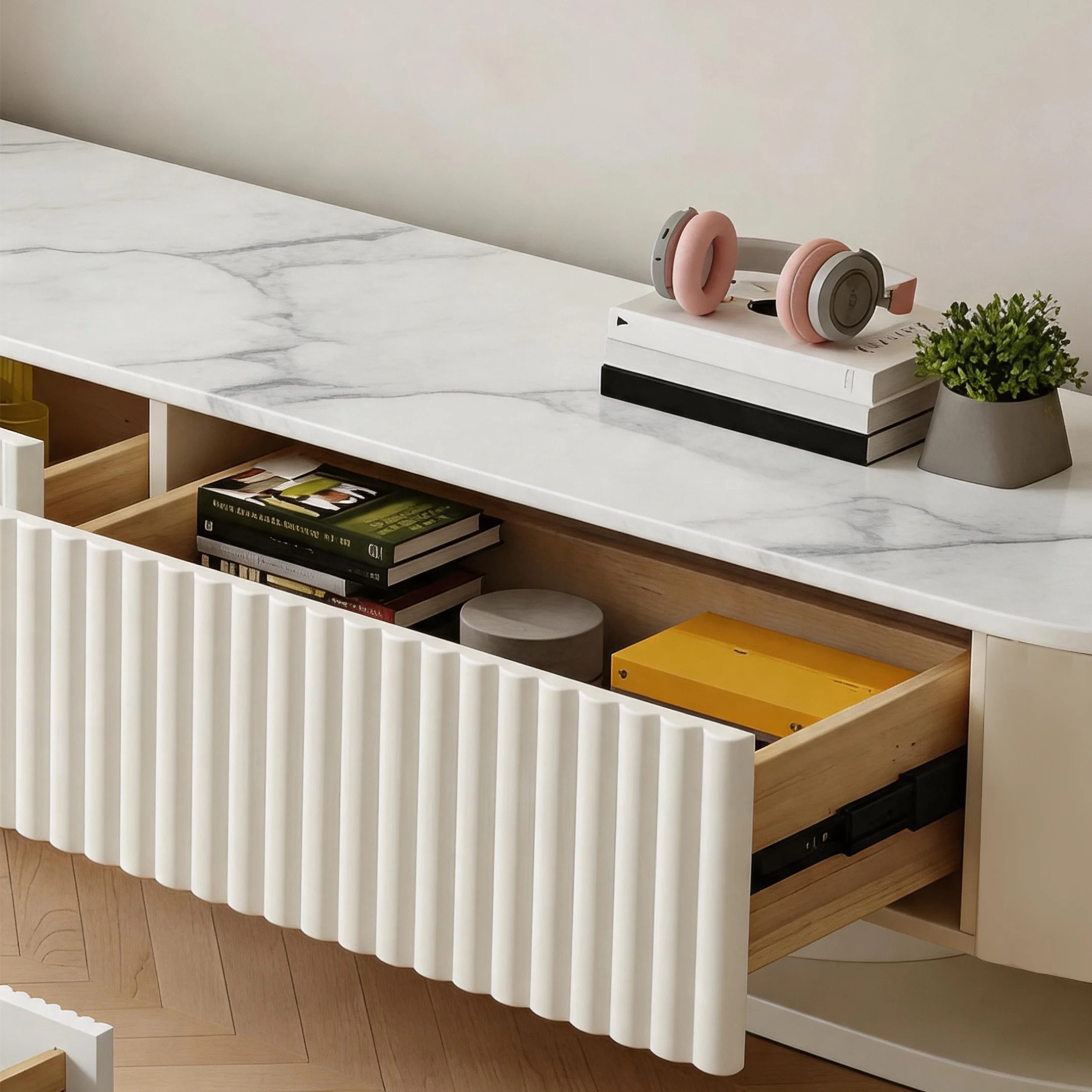 79" White Modern Wood Long Fluted TV Stand with Drawers Image - 4 | homeyfad