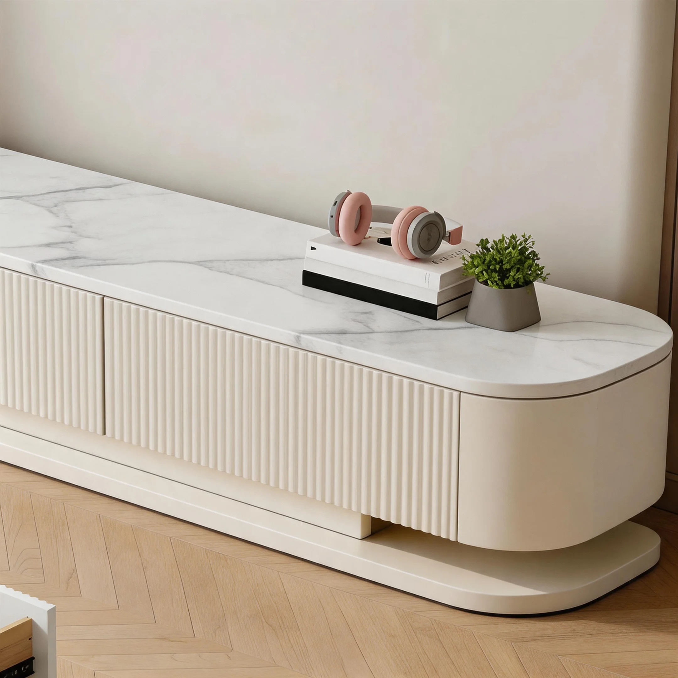 79" White Modern Wood Long Fluted TV Stand with Drawers Image - 5 | homeyfad