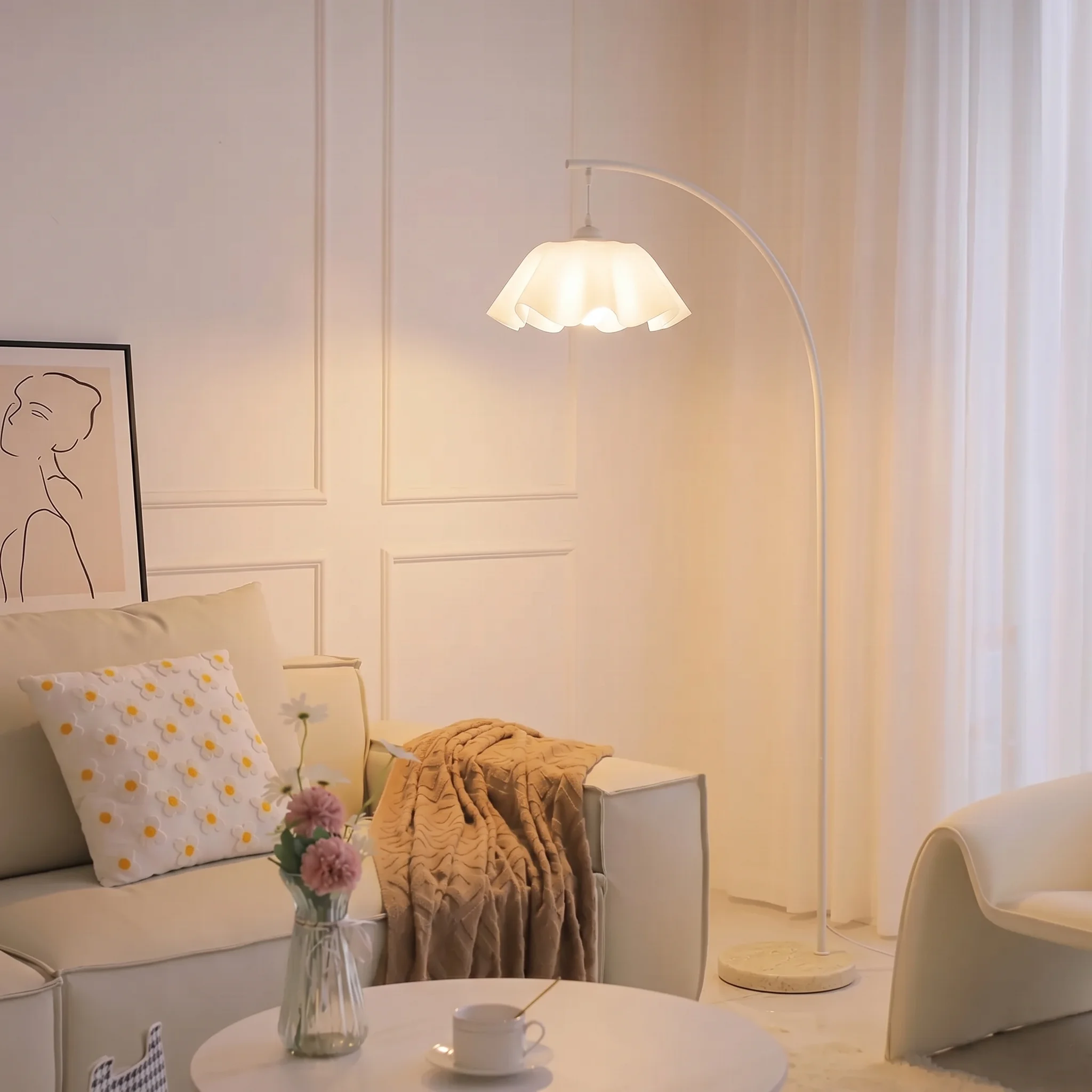 Modern Chrome White Flower Shade Arc Floor Lamp Image - 9 | homeyfad