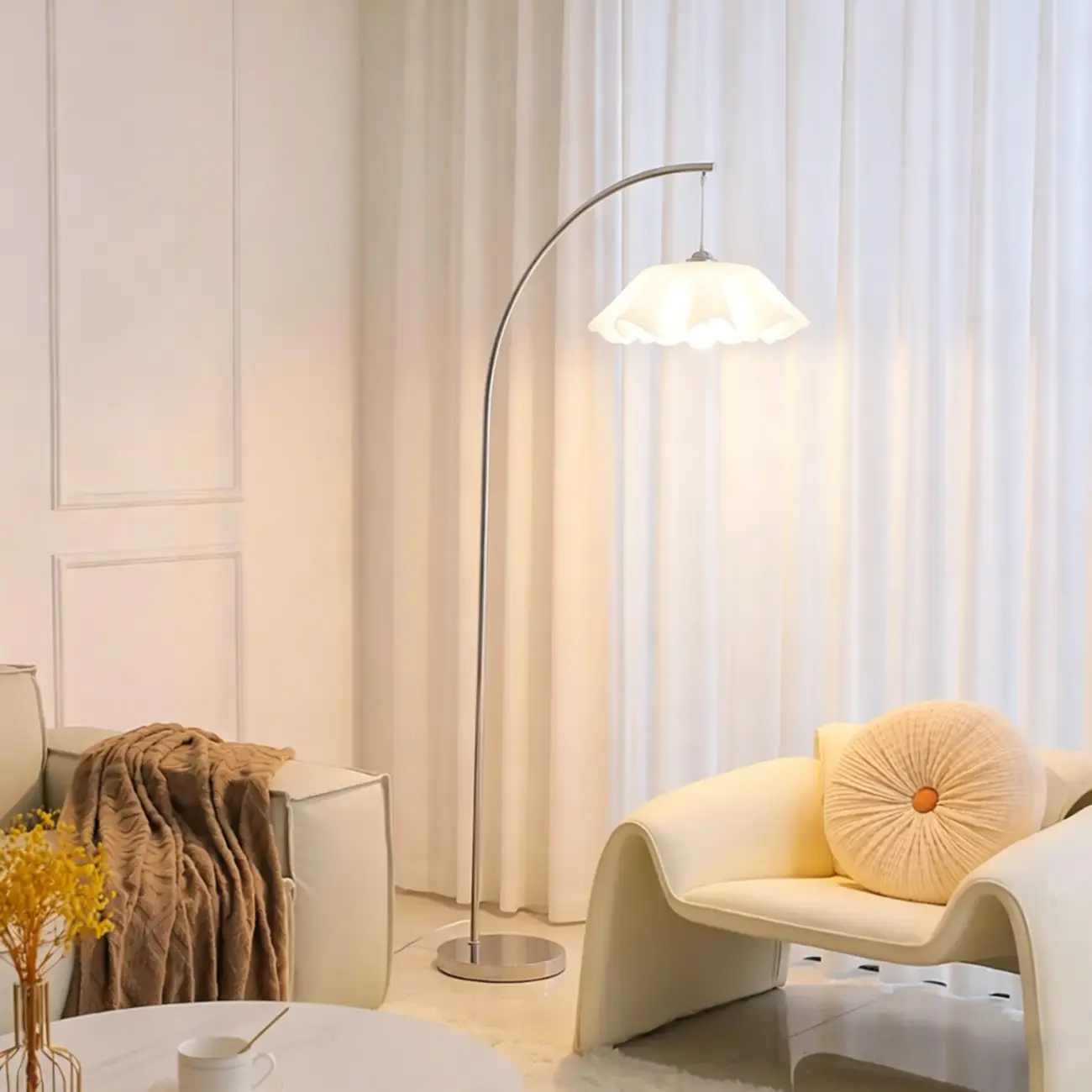Modern Chrome White Flower Shade Arc Floor Lamp Image - 1 | homeyfad