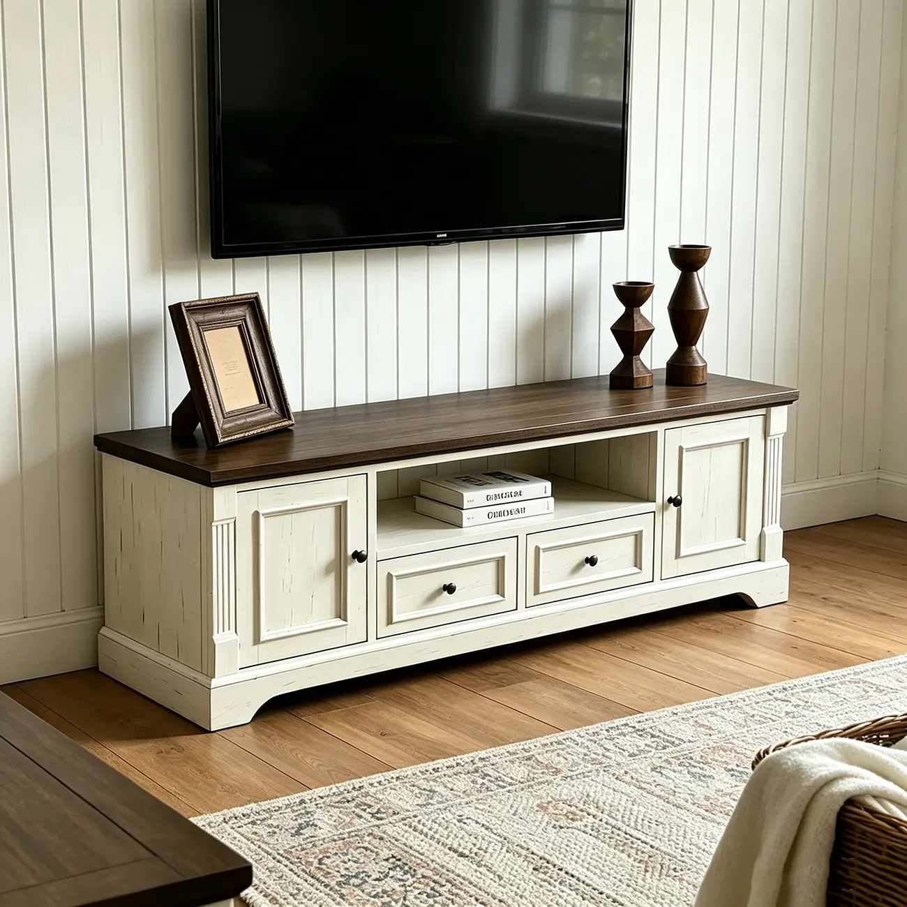 Two-tone Farmhouse Fully Assembled Tv Stand With Arched Plinth Base Image - 1 | homeyfad