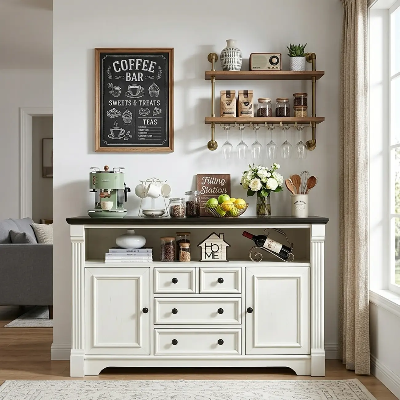Traditional Black-top Cream White Buffet Sideboard With Drawers Image - 1 | homeyfad