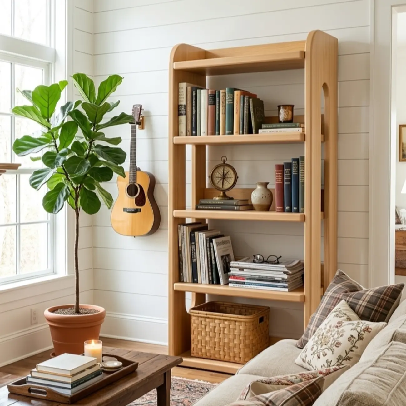 Natural Finish Solid Wood Freestanding Storage Bookcase Image - 2