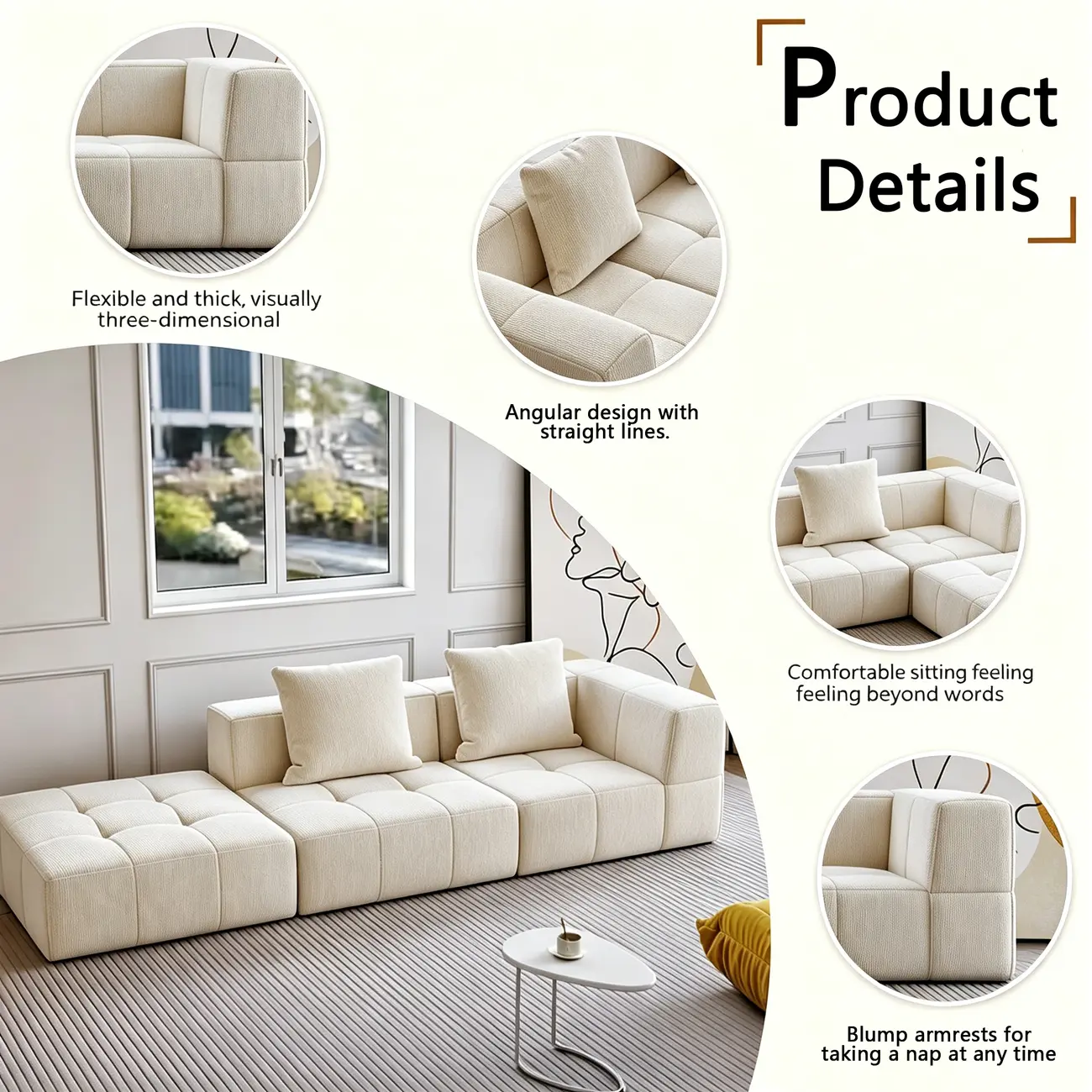 Cream White 107" Modern Living Room Sectional L-shaped Chenille Sofa Image - 5 | homeyfad