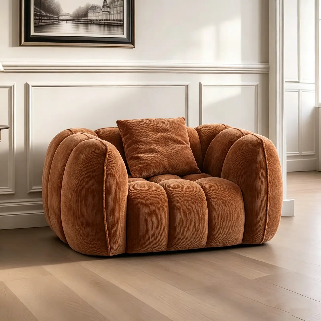 Vintage Brown Pumpkin-Shaped Deep Seat Sofa with Arms Image - 5 | homeyfad