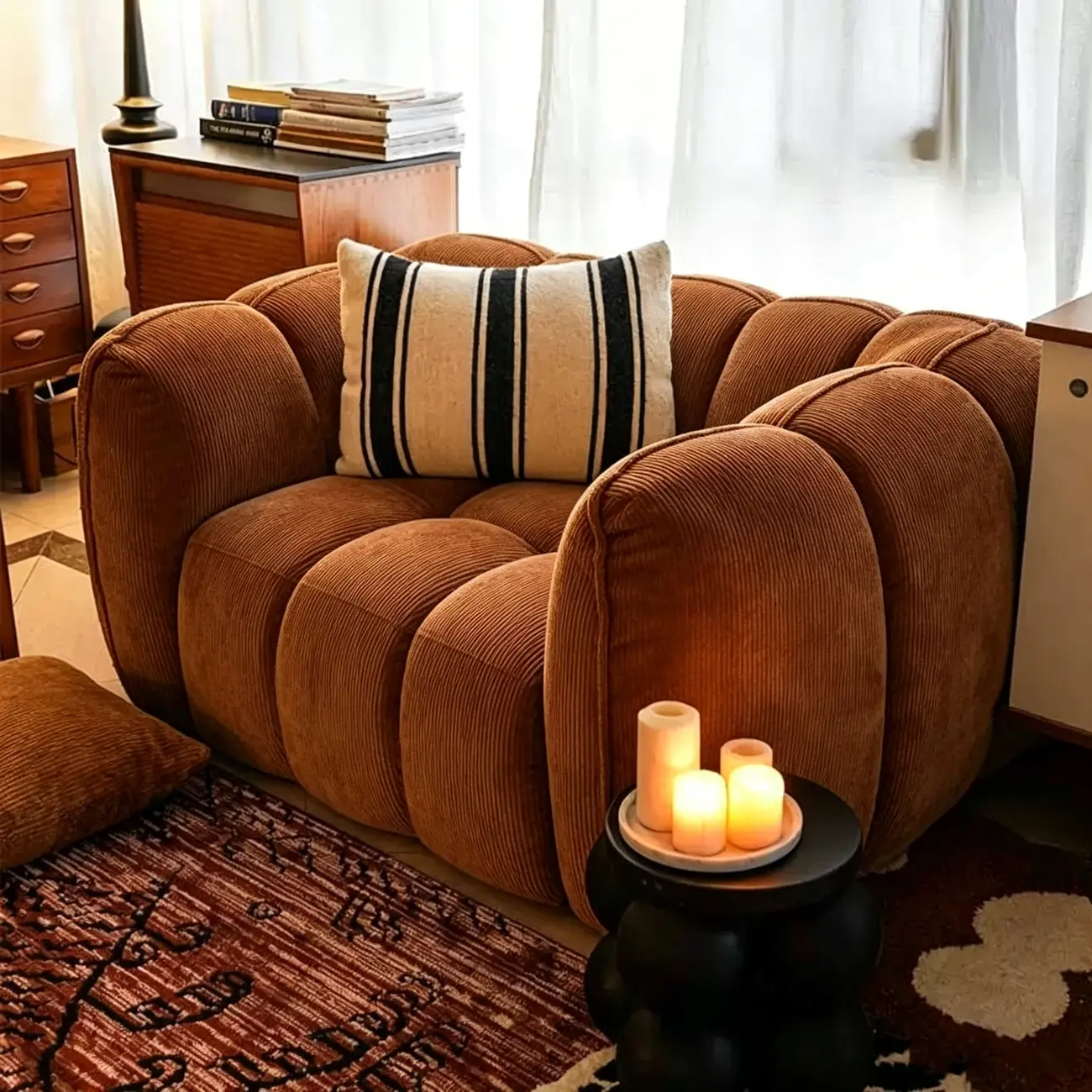 Vintage Brown Pumpkin-Shaped Deep Seat Sofa with Arms Image - 6 | homeyfad