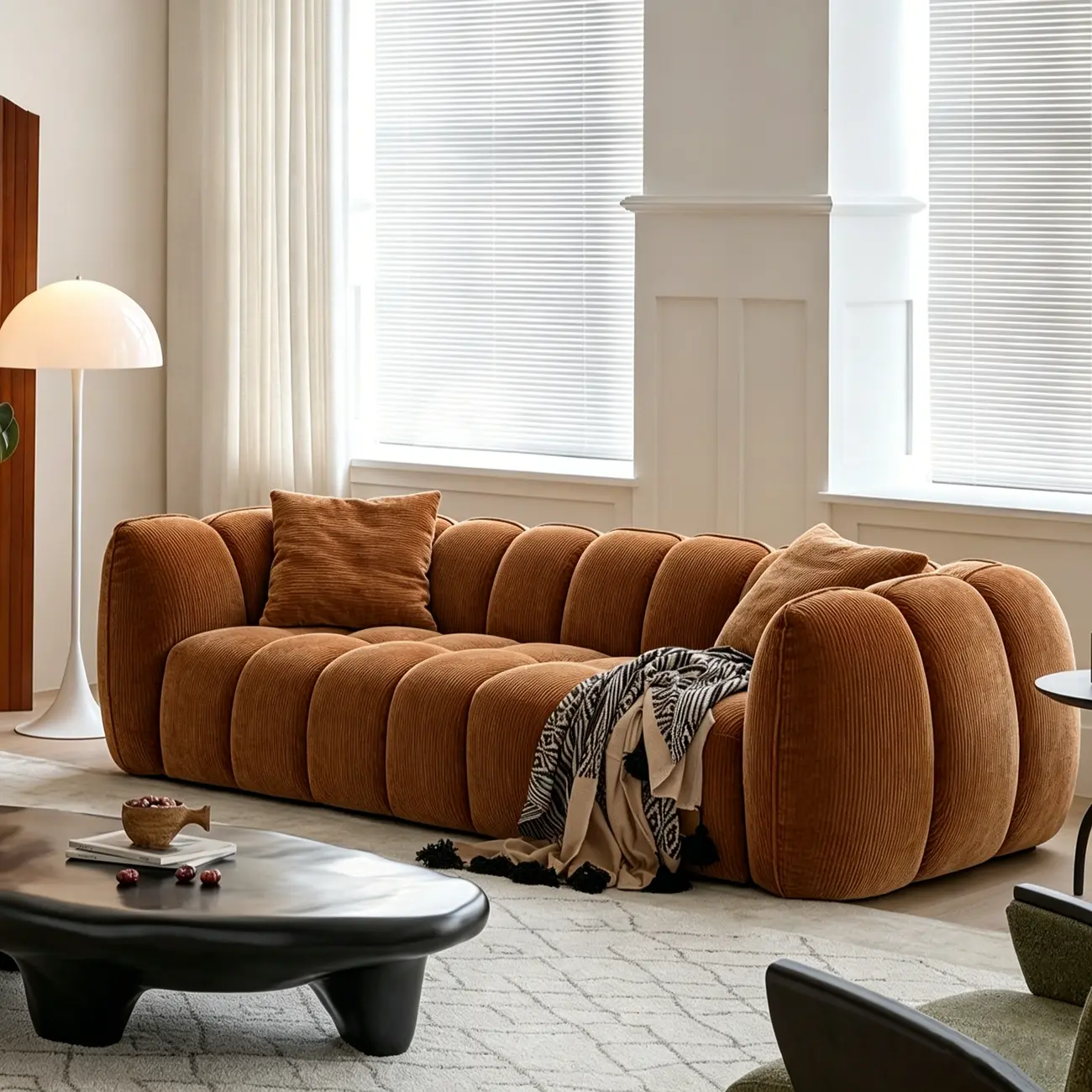 Vintage Brown Pumpkin-Shaped Deep Seat Sofa with Arms Image - 10 | homeyfad