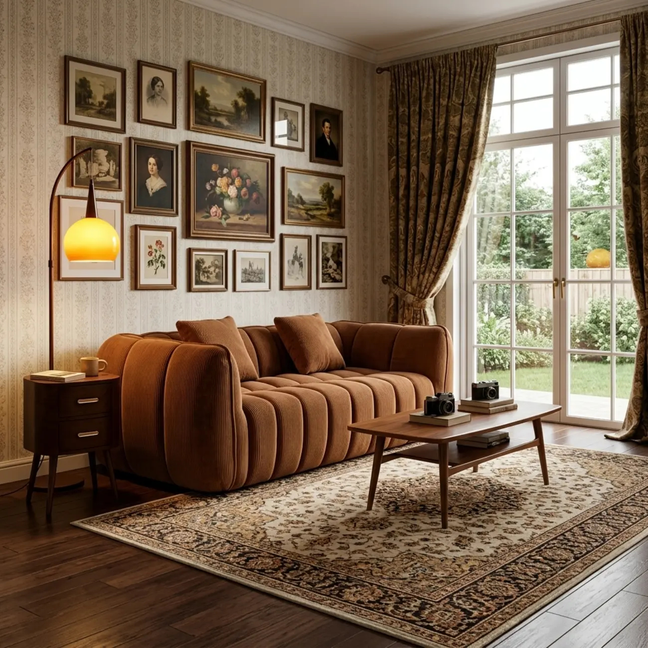 Vintage Brown Pumpkin-Shaped Deep Seat Sofa with Arms Image - 3 | homeyfad