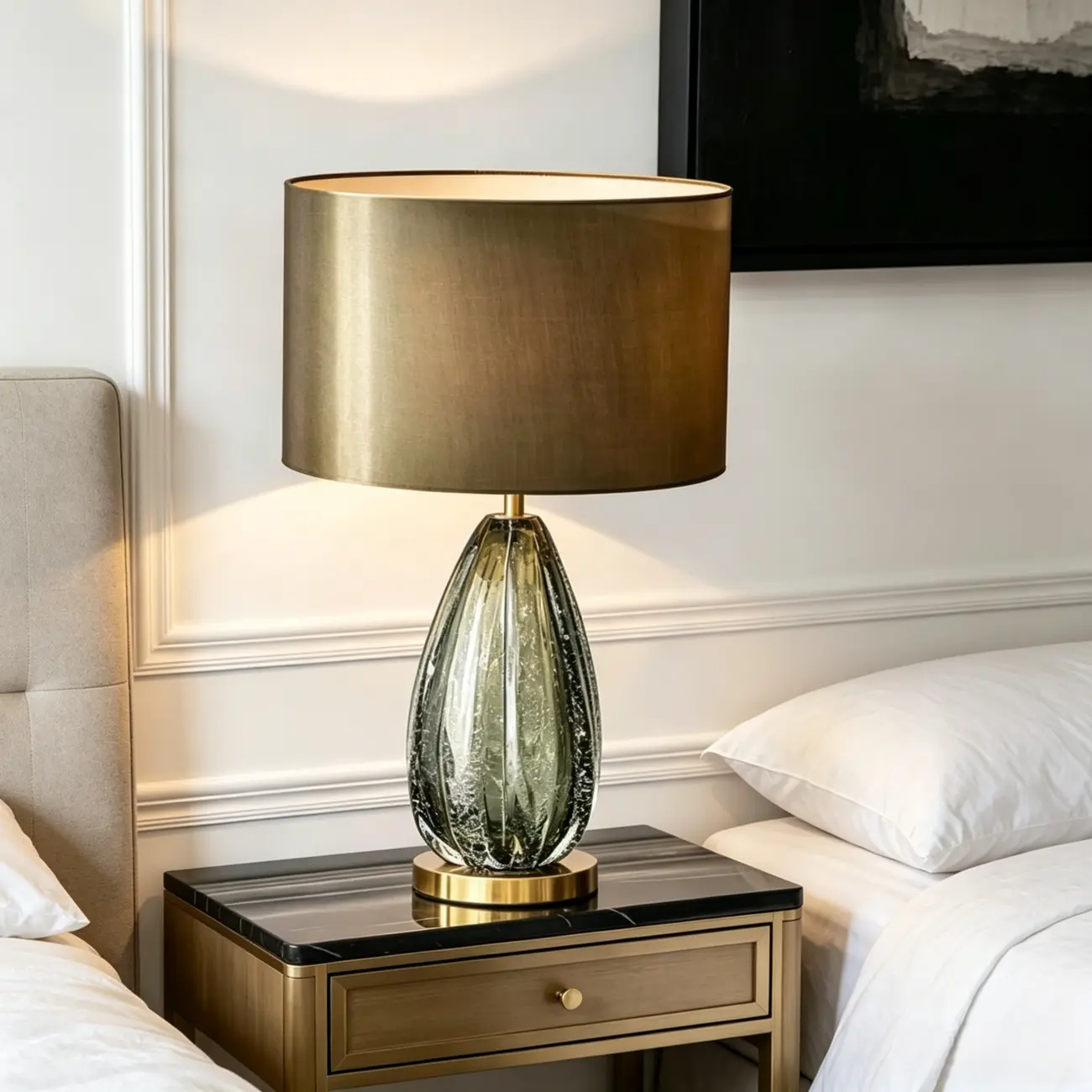 Modern Green Glass Table Lamp with Fabric Shape Image - 2 | homeyfad