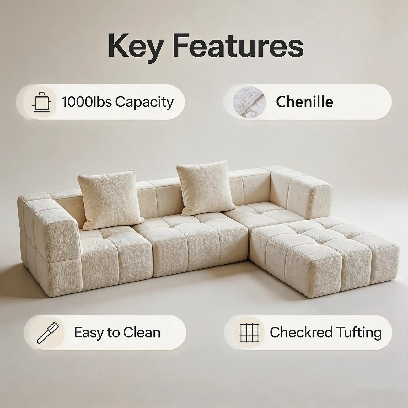 Cream White 107" Modern Living Room Sectional L-shaped Chenille Sofa Image - 6 | homeyfad