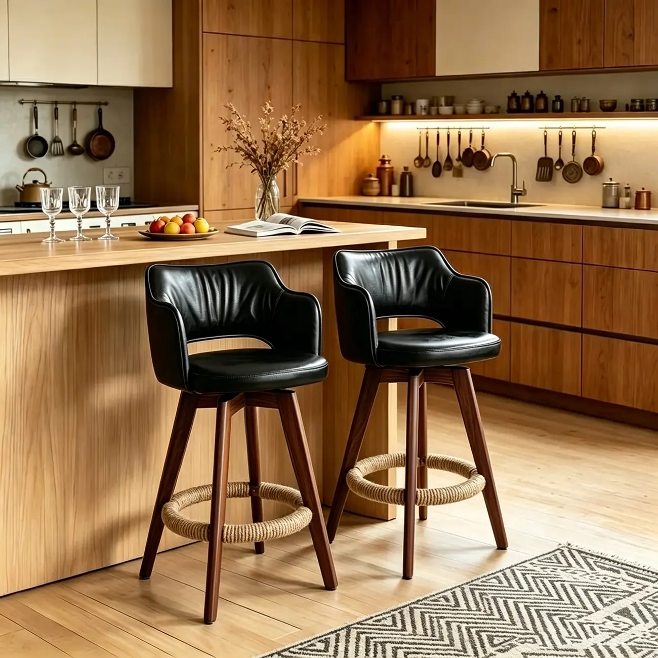 Set Of 2 Modern Swivel Faux Leather Counter Stools Solid Wood Frame Image - 7 | homeyfad