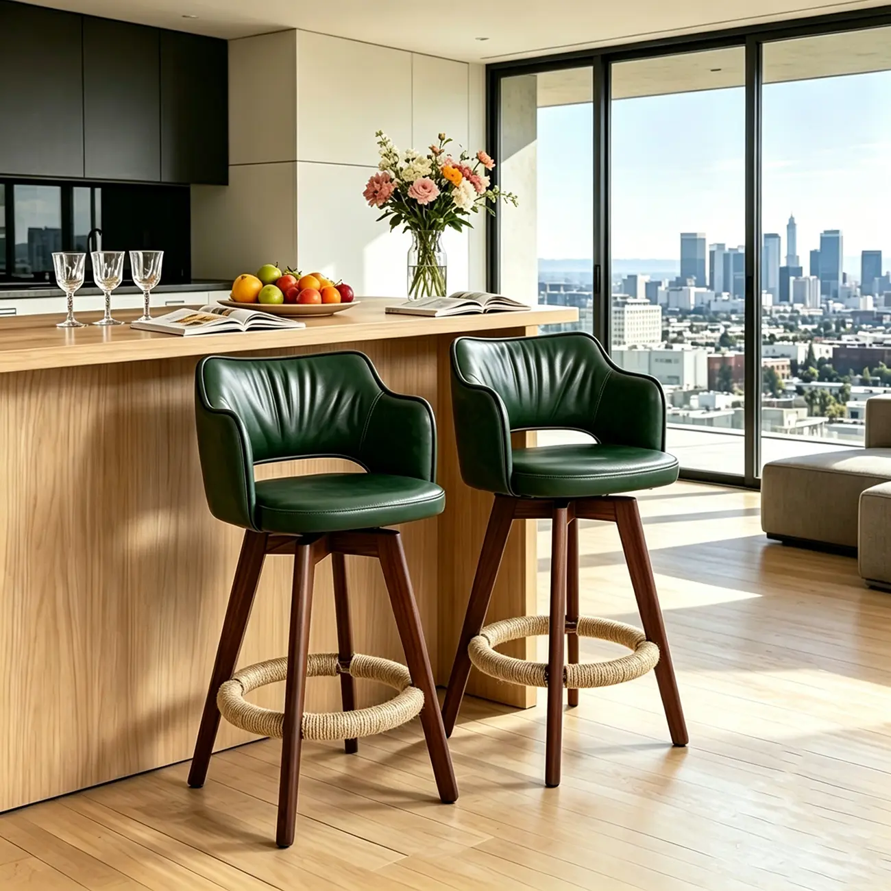 Set Of 2 Modern Swivel Faux Leather Counter Stools Solid Wood Frame Image - 2 | homeyfad