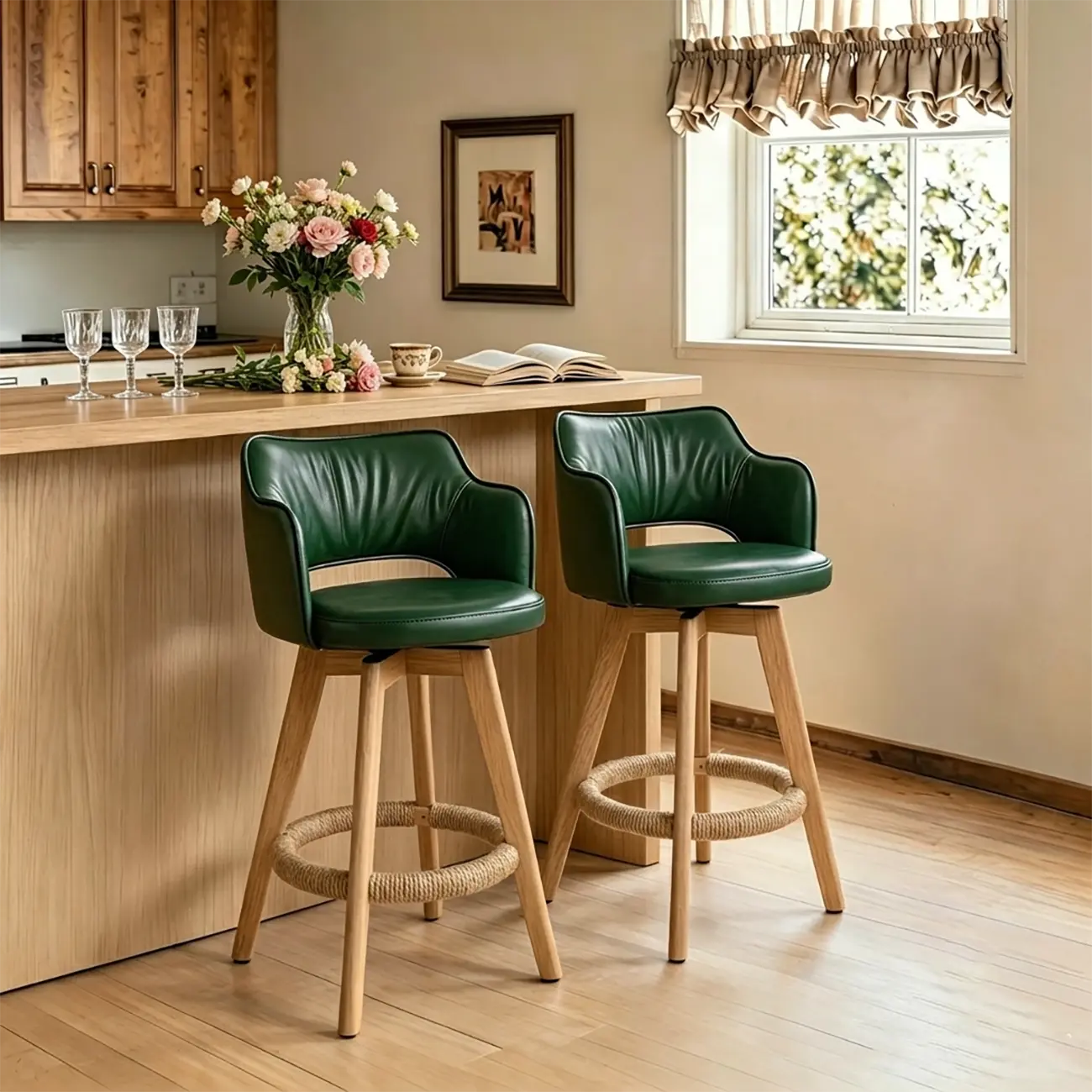Set Of 2 Modern Swivel Faux Leather Counter Stools Solid Wood Frame Image - 8 | homeyfad