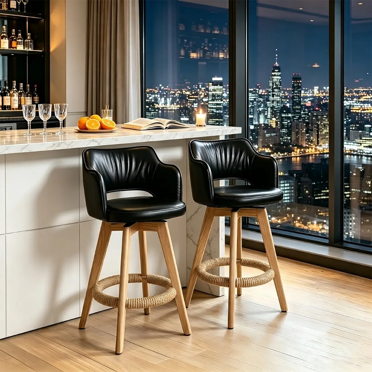 Set Of 2 Modern Swivel Faux Leather Counter Stools Solid Wood Frame Image - 9 | homeyfad