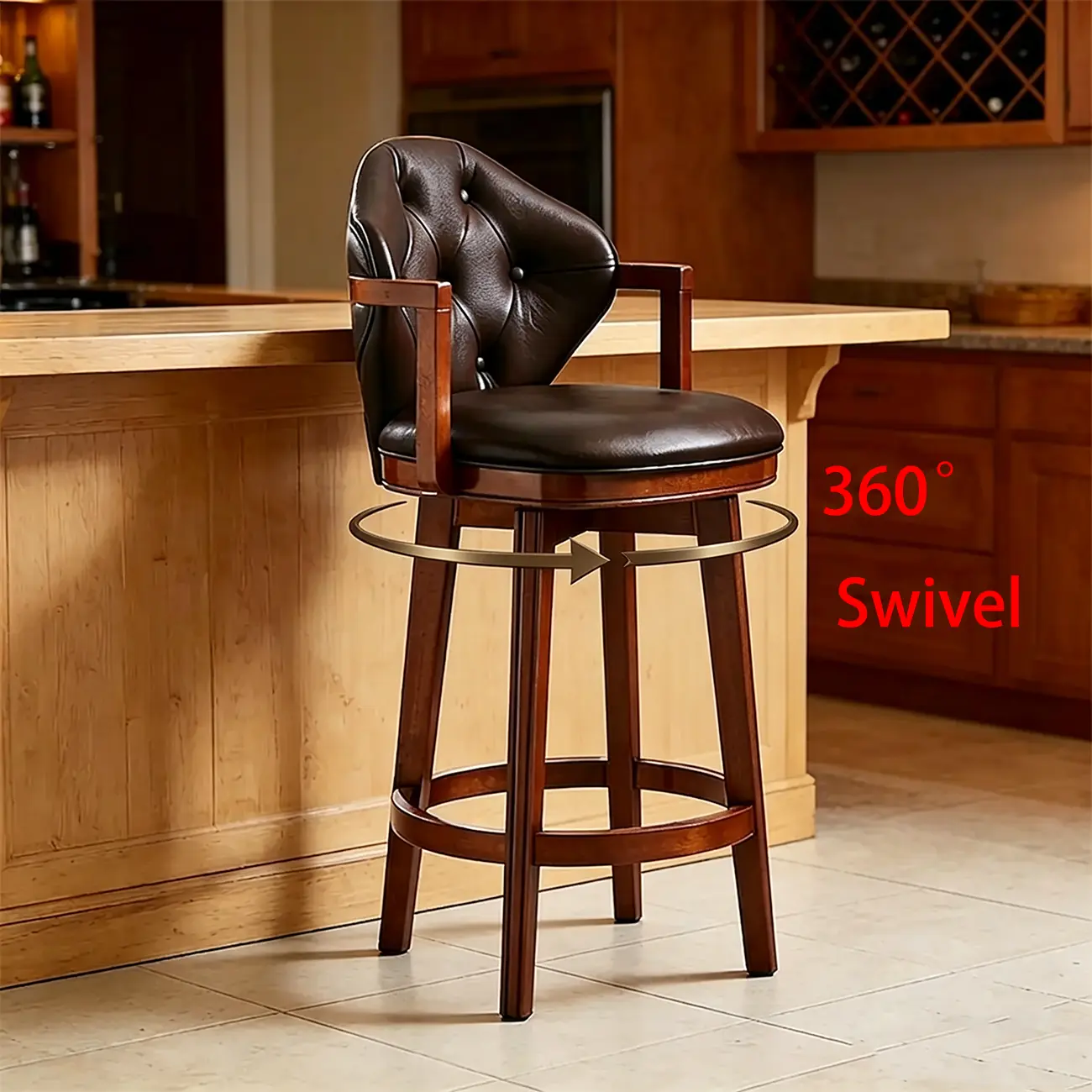 Genuine Leather Traditional Wingback Swivel Bar Stool Solid Wood Image - 6 | homeyfad