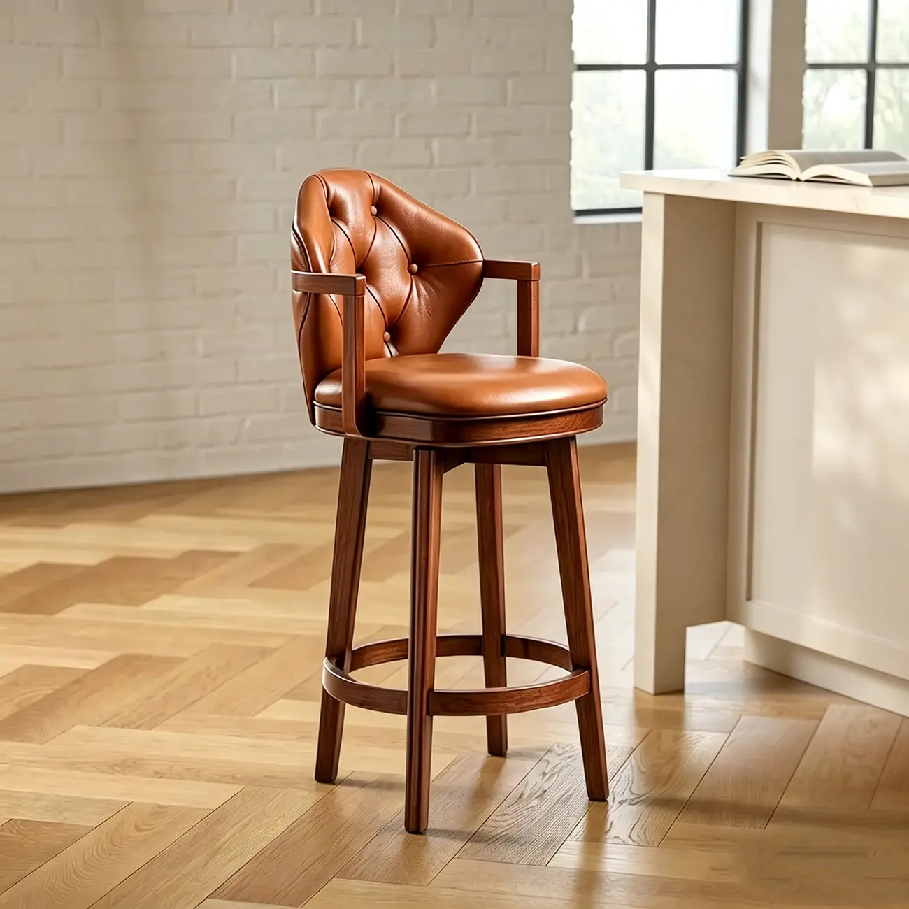 Genuine Leather Traditional Wingback Swivel Bar Stool Solid Wood Image - 11 | homeyfad
