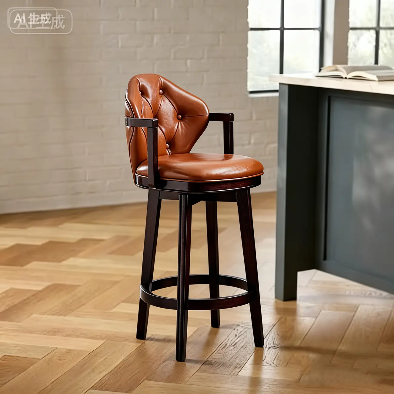 Genuine Leather Traditional Wingback Swivel Bar Stool Solid Wood Image - 12 | homeyfad