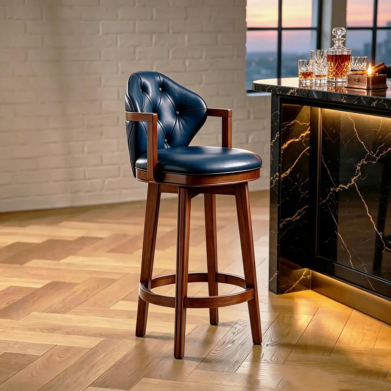 Genuine Leather Traditional Wingback Swivel Bar Stool Solid Wood Image - 13 | homeyfad