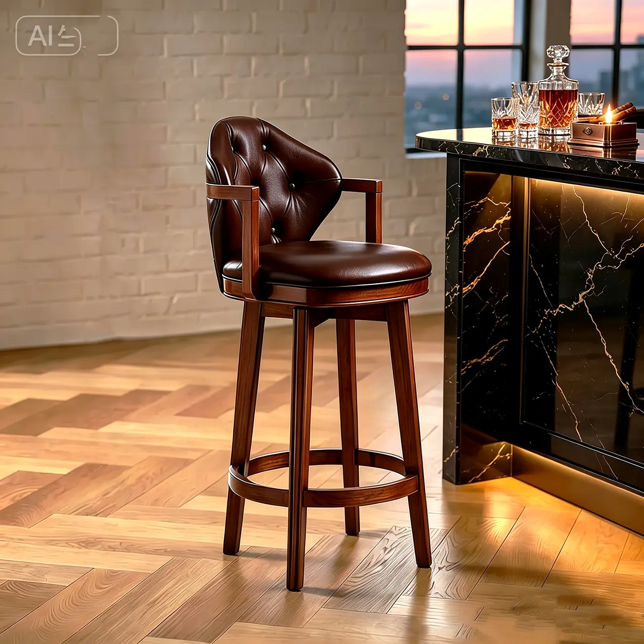 Genuine Leather Traditional Wingback Swivel Bar Stool Solid Wood Image - 14 | homeyfad