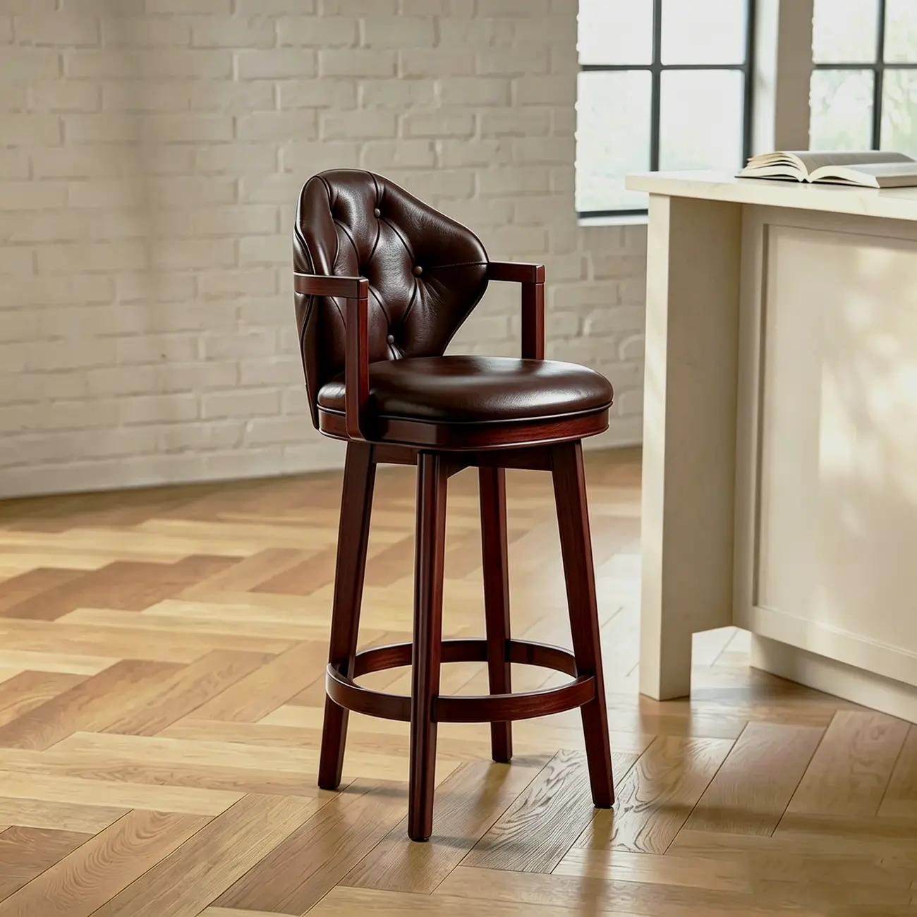 Genuine Leather Traditional Wingback Swivel Bar Stool Solid Wood Image - 15 | homeyfad