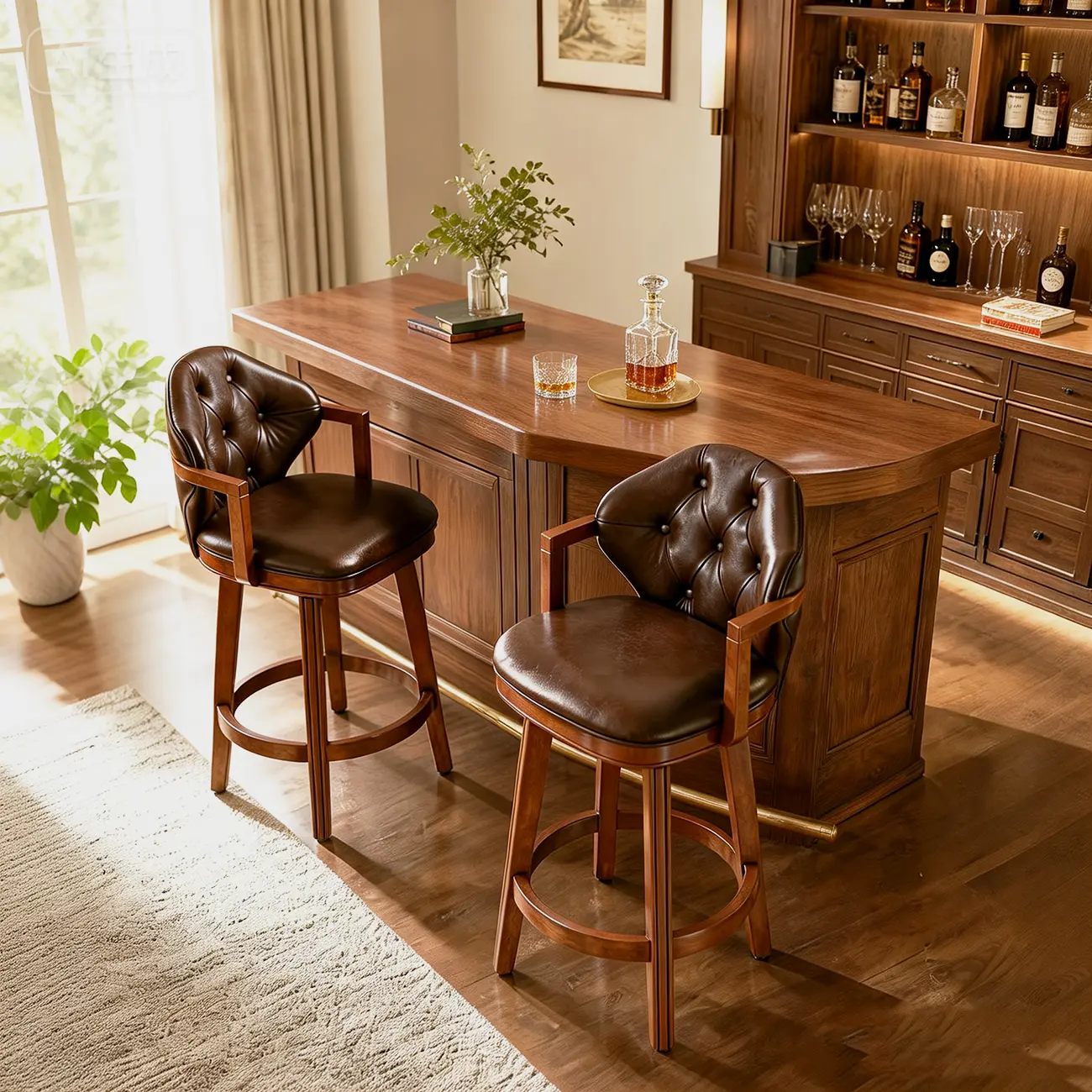 Genuine Leather Traditional Wingback Swivel Bar Stool Solid Wood Image - 2 | homeyfad
