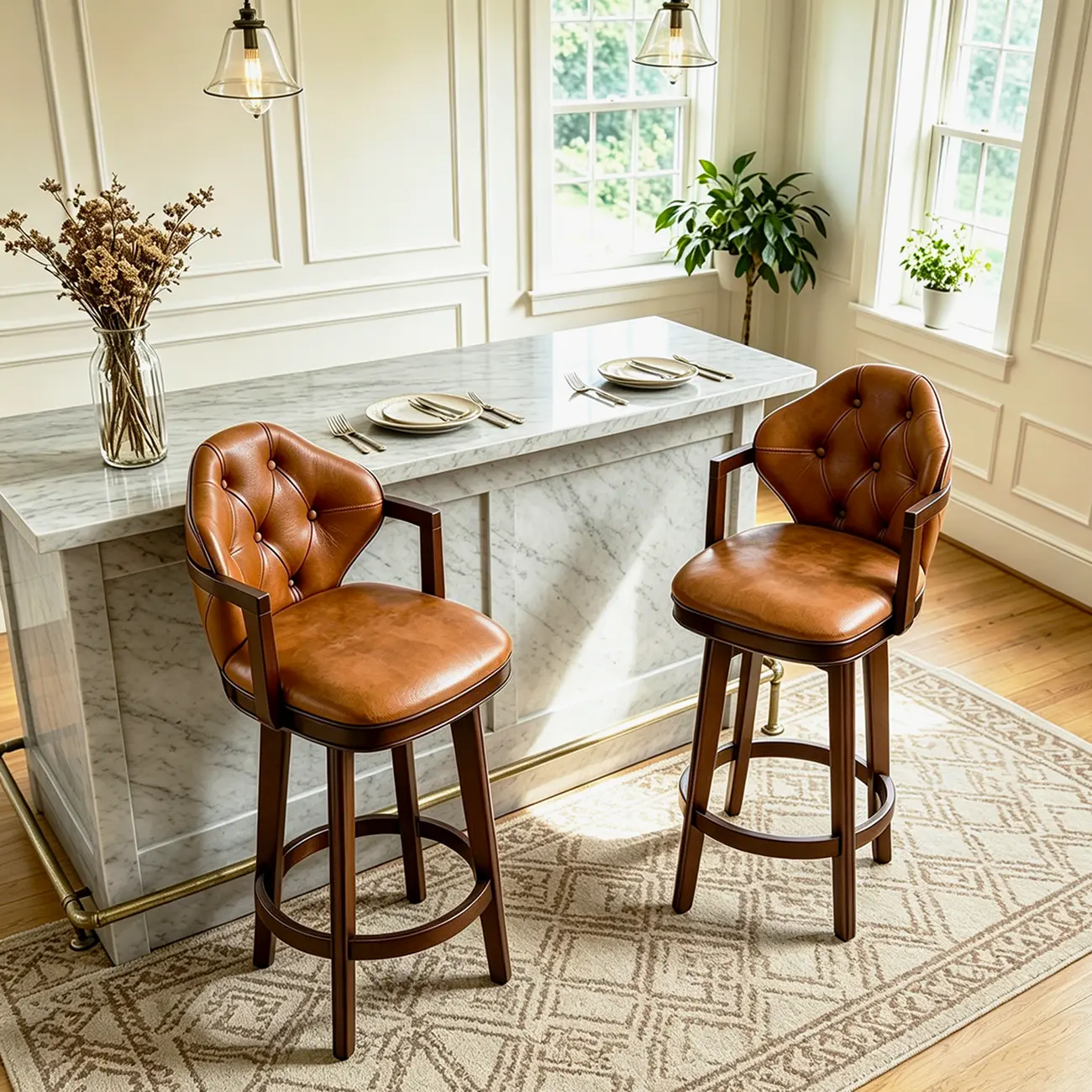 Genuine Leather Traditional Wingback Swivel Bar Stool Solid Wood Image - 3 | homeyfad