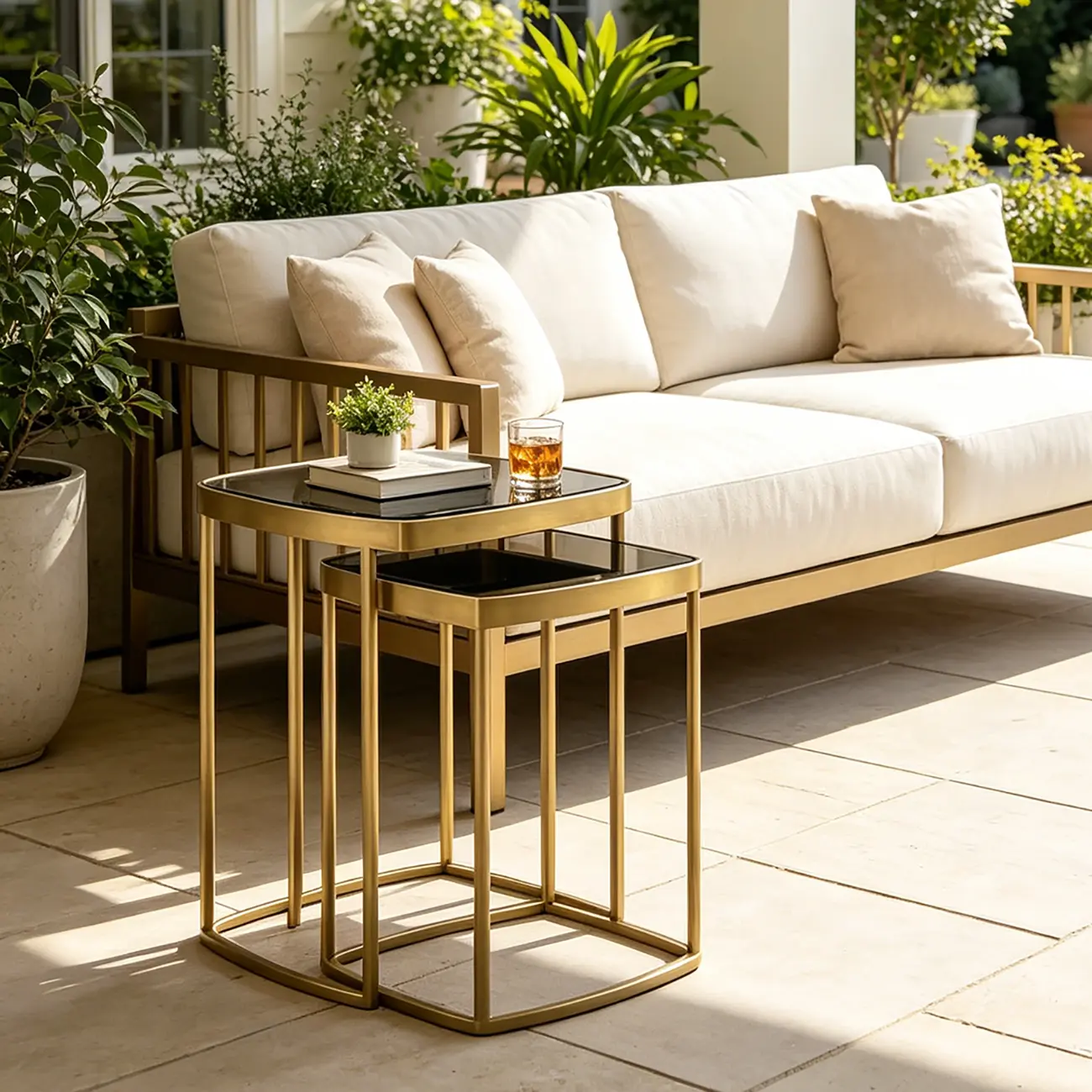 Modern Luxury Black Glass Top Metal Nesting Side Table Image - 7 | homeyfad