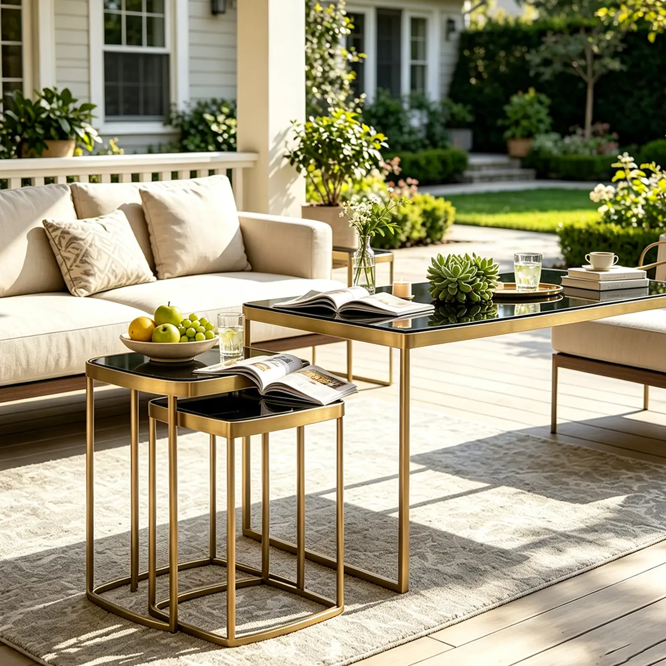 Modern Luxury Black Glass Top Metal Nesting Side Table Image - 8 | homeyfad